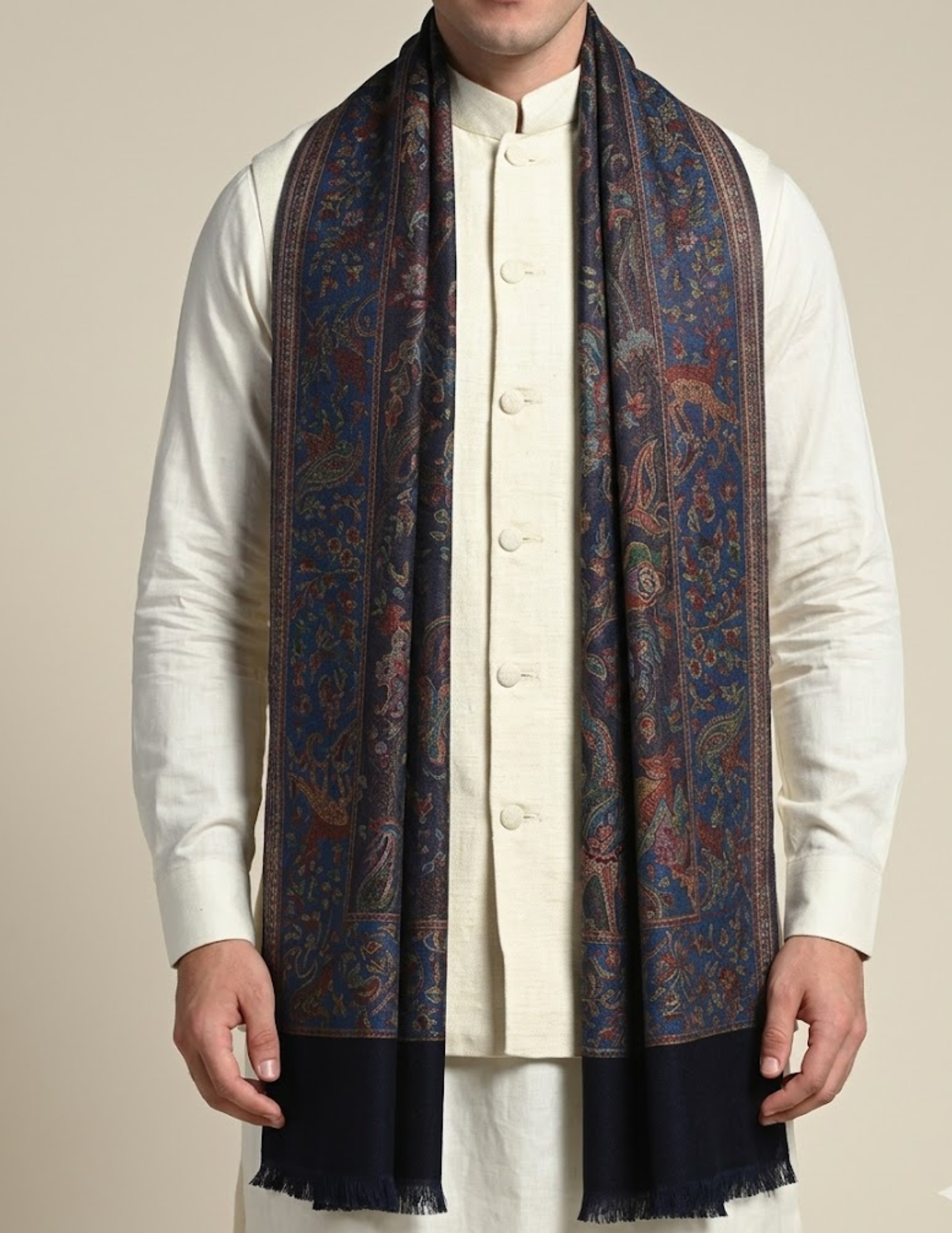 Baghbaan Jamawar Kashmiri Stole – Navy Botanical Micro Modal