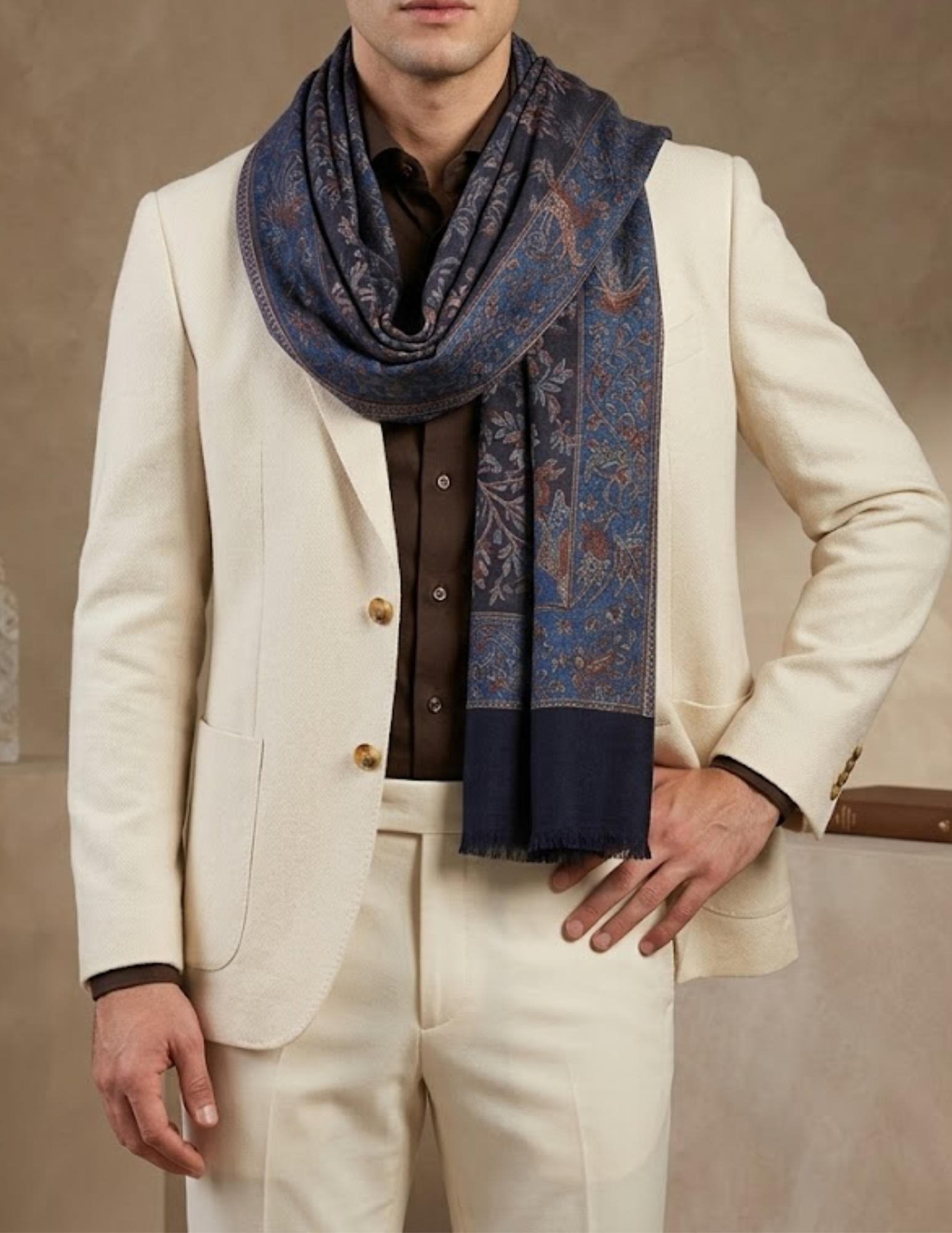 Baghbaan Jamawar Kashmiri Stole – Navy Botanical Micro Modal