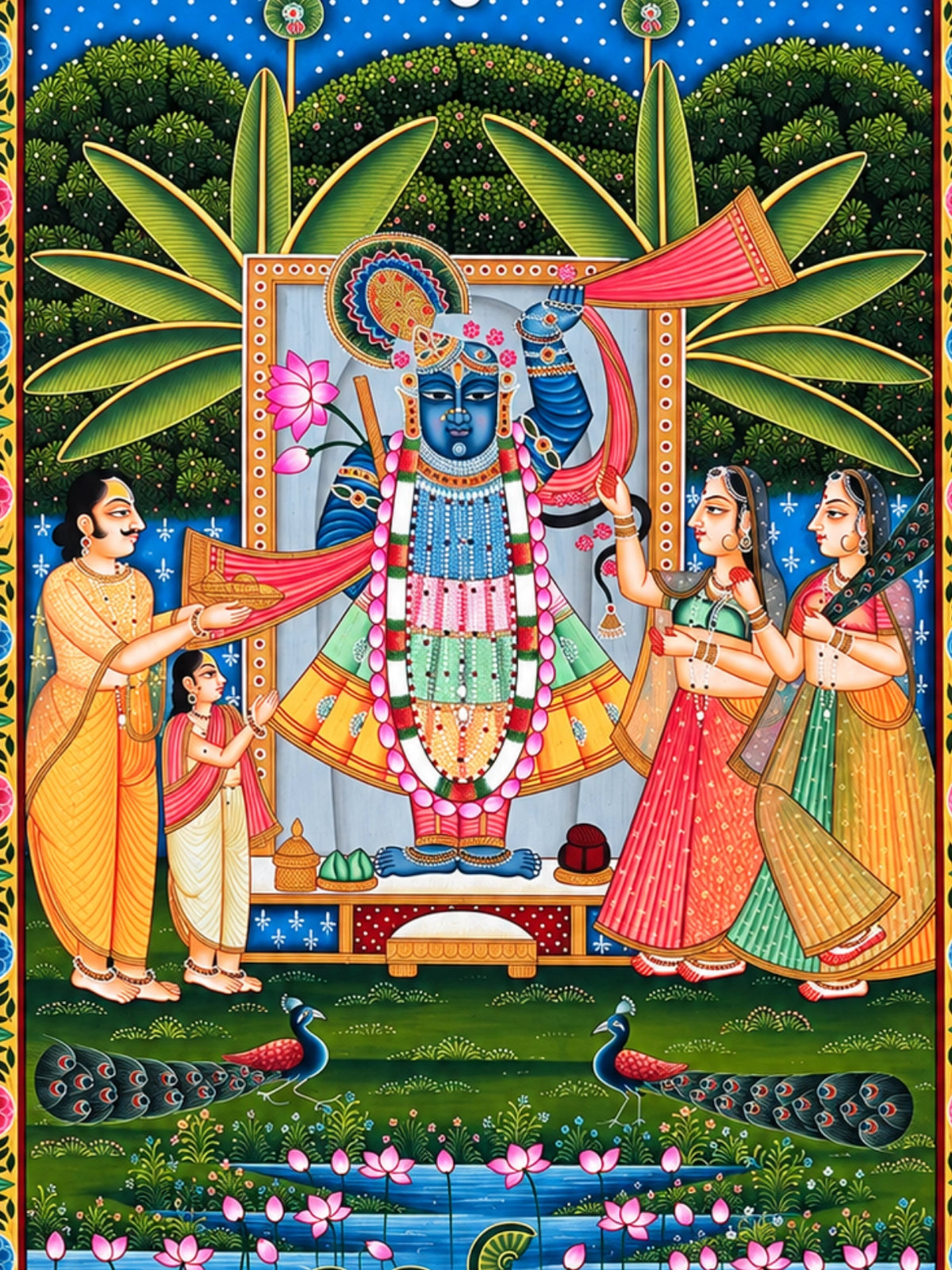 Handpainted – Pichwai – Shrinathji Receiving the Family's Offering