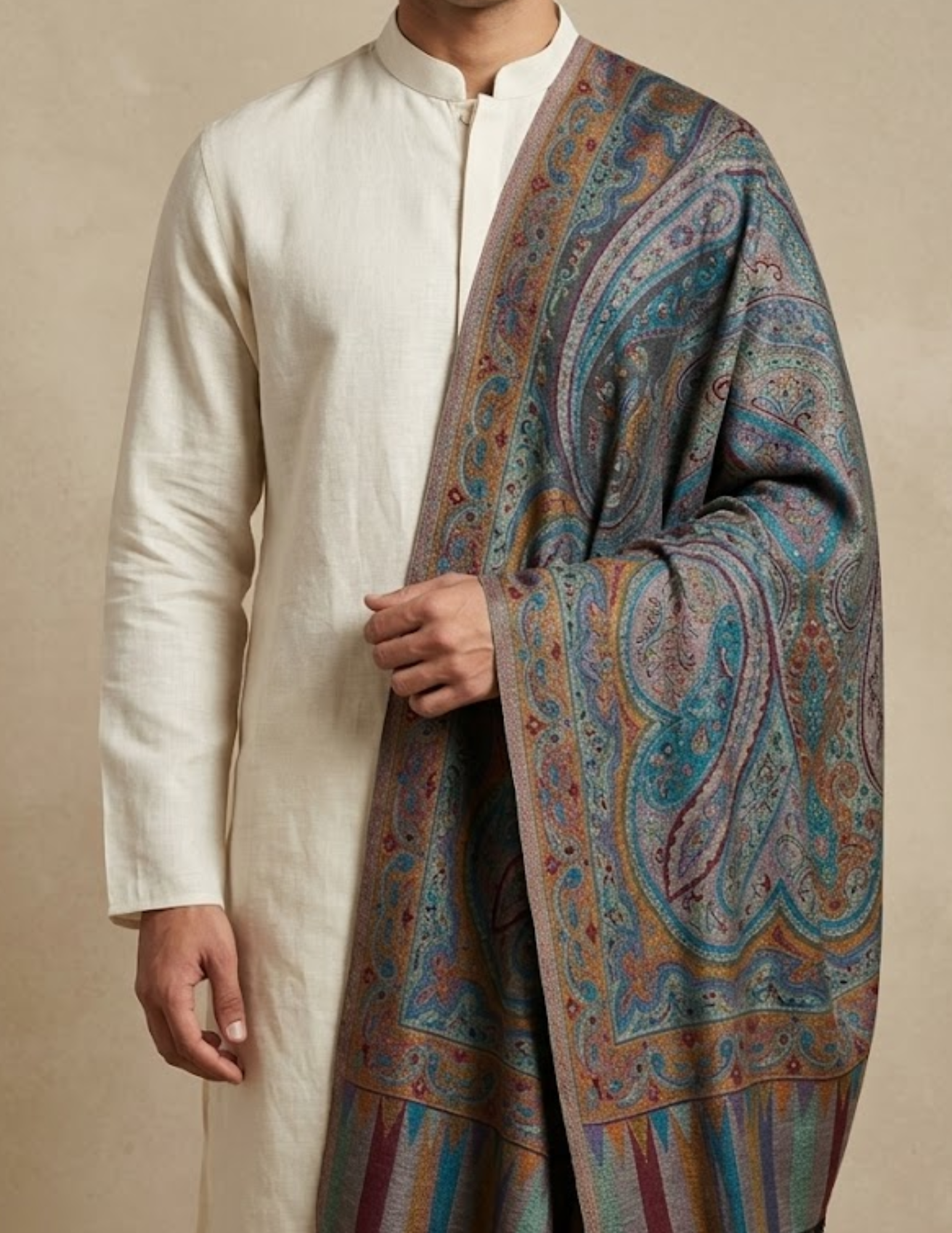 Mehrab Jamawar Kashmiri Stole – Taupe Paisley Micro Modal