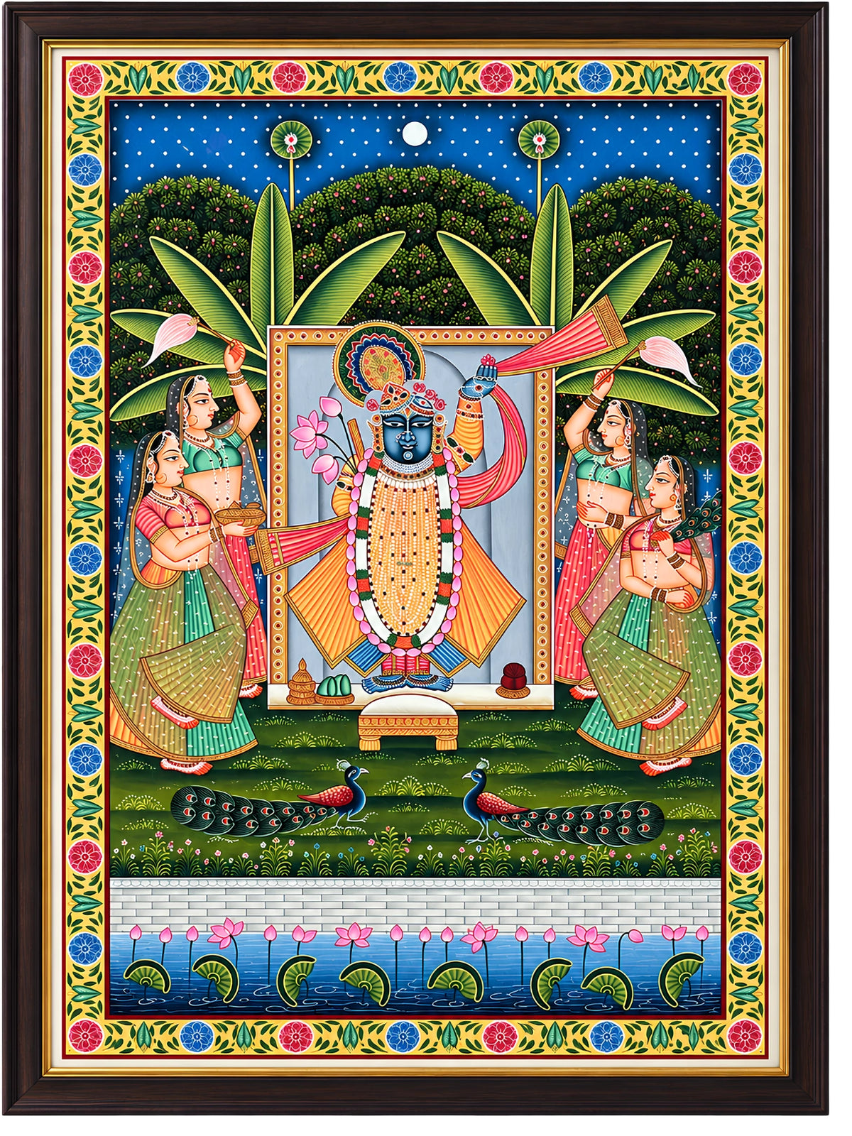 Handpainted – Pichwai – Shrinathji in Saffron with Four Gopis