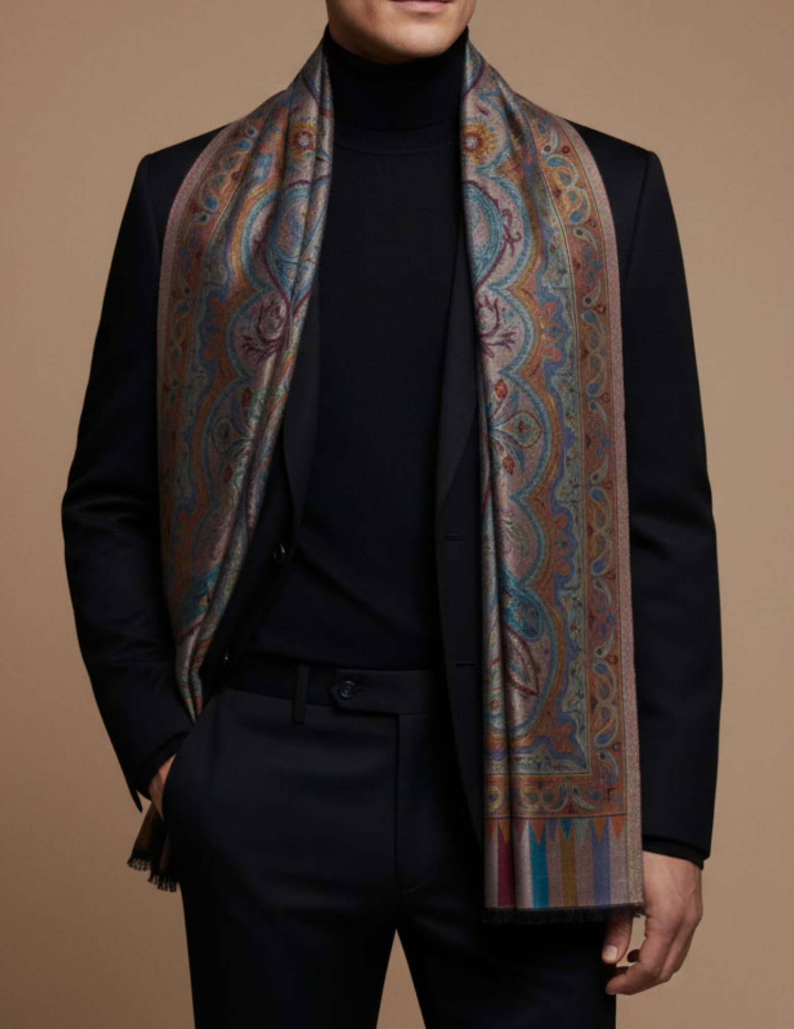 Mehrab Jamawar Kashmiri Stole – Taupe Paisley Micro Modal
