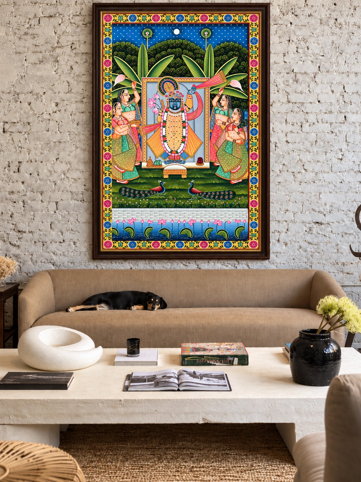 Handpainted – Pichwai – Shrinathji in Saffron with Four Gopis