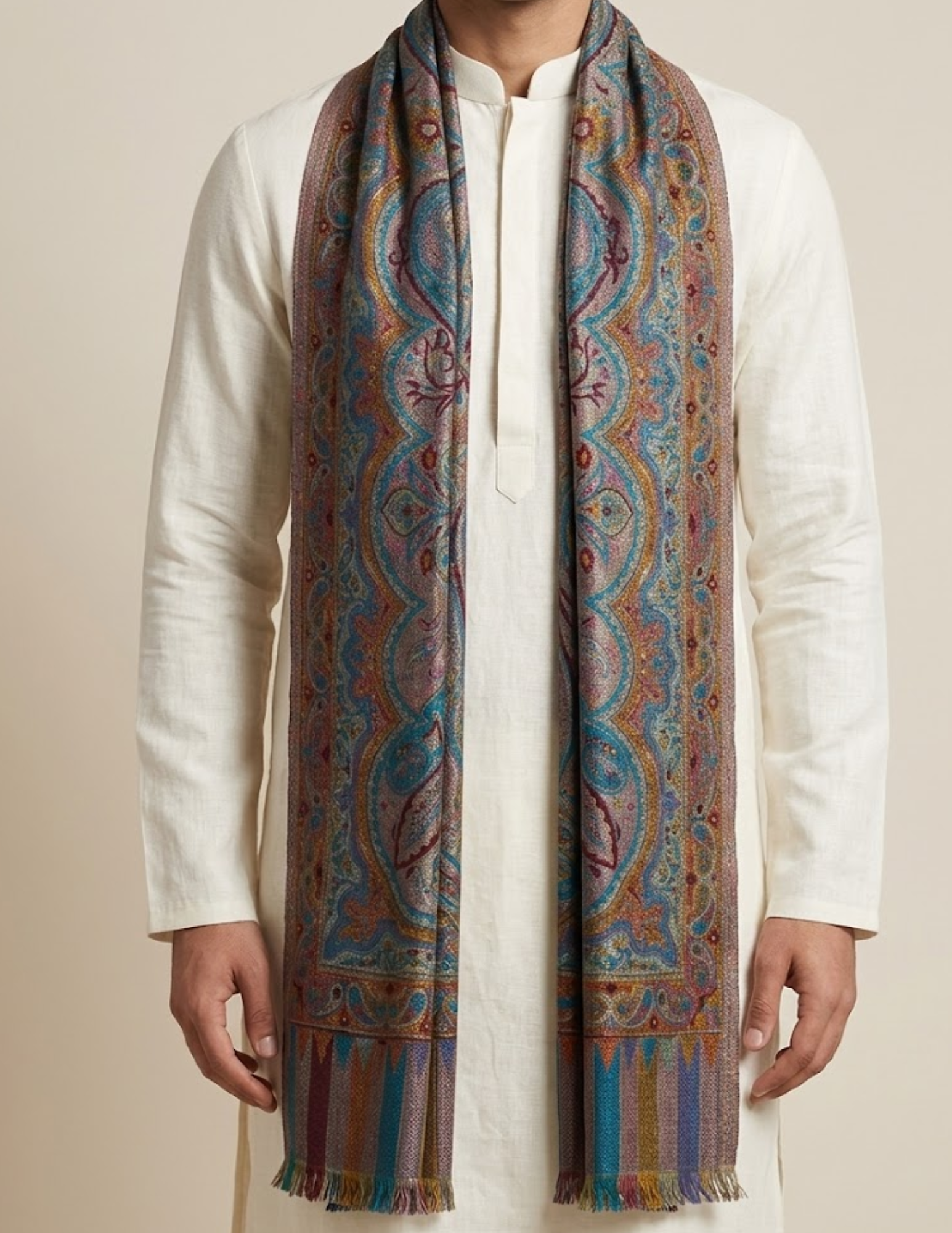 Mehrab Jamawar Kashmiri Stole – Taupe Paisley Micro Modal