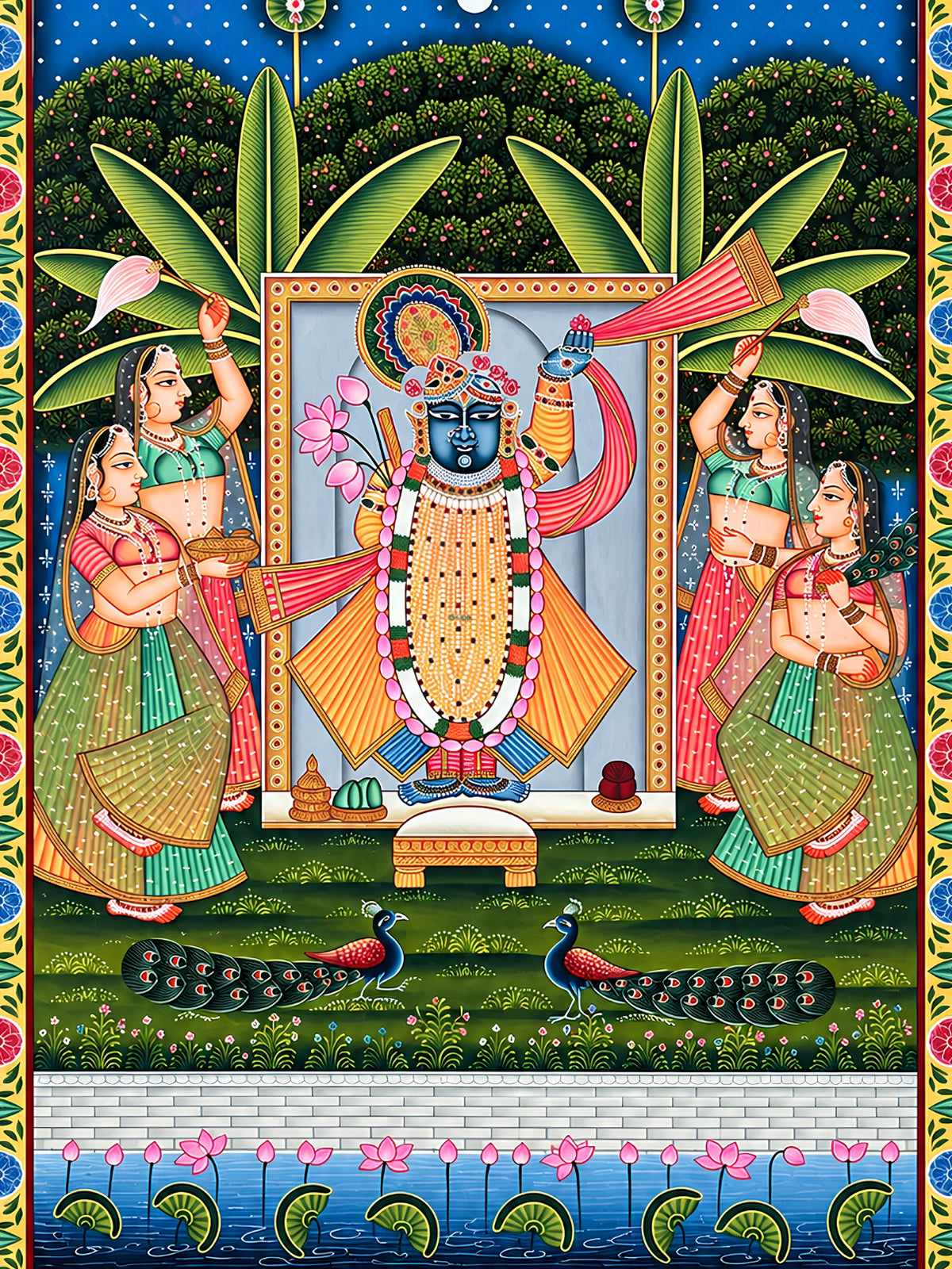 Handpainted – Pichwai – Shrinathji in Saffron with Four Gopis