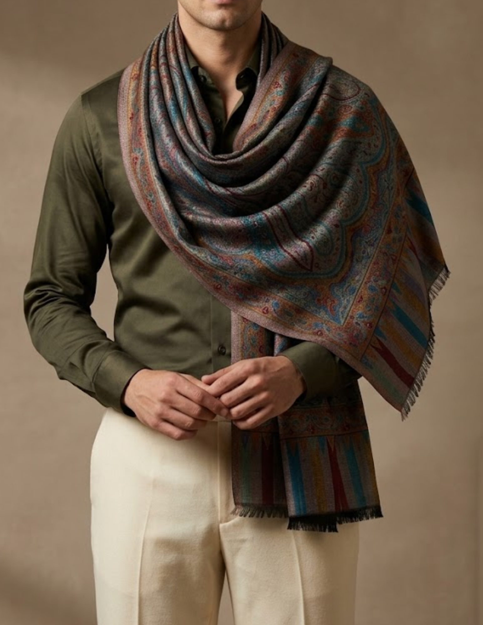 Mehrab Jamawar Kashmiri Stole – Taupe Paisley Micro Modal