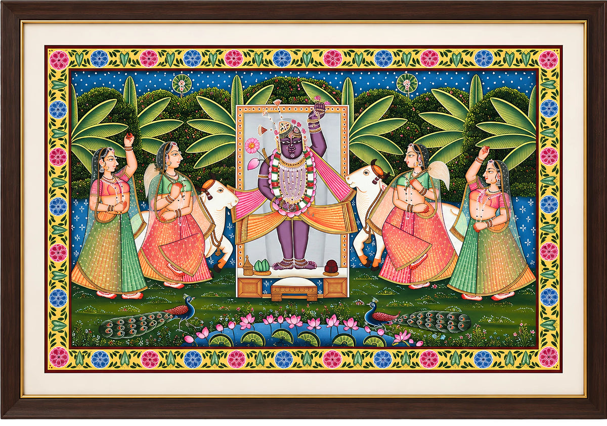 Handpainted – Pichwai – Shrinathji with Six Gopis by the Lotus Pond