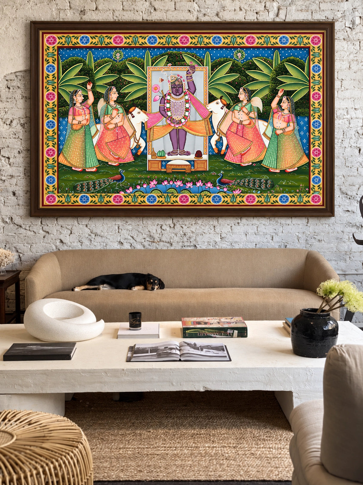 Handpainted – Pichwai – Shrinathji with Six Gopis by the Lotus Pond