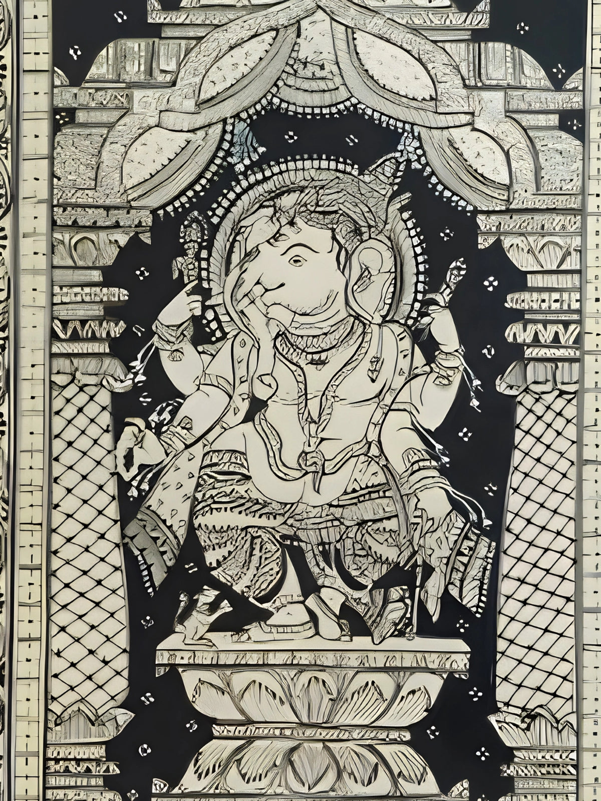 Handpainted – Kalamkari – Ganesha in Black and Ivory