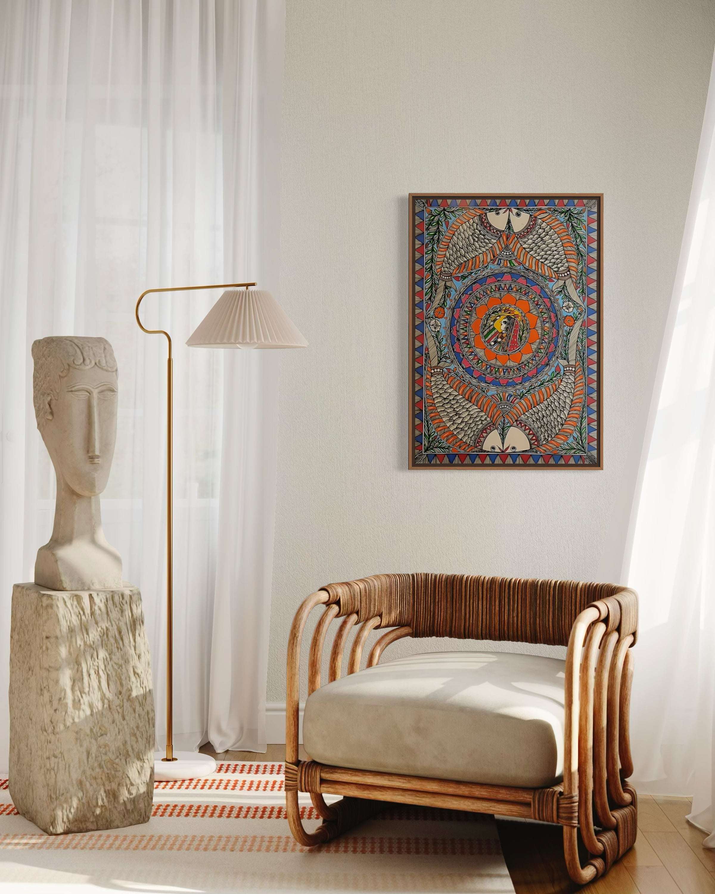 Fertility & Flow: Women with Four Fishes - Madhubani Painting