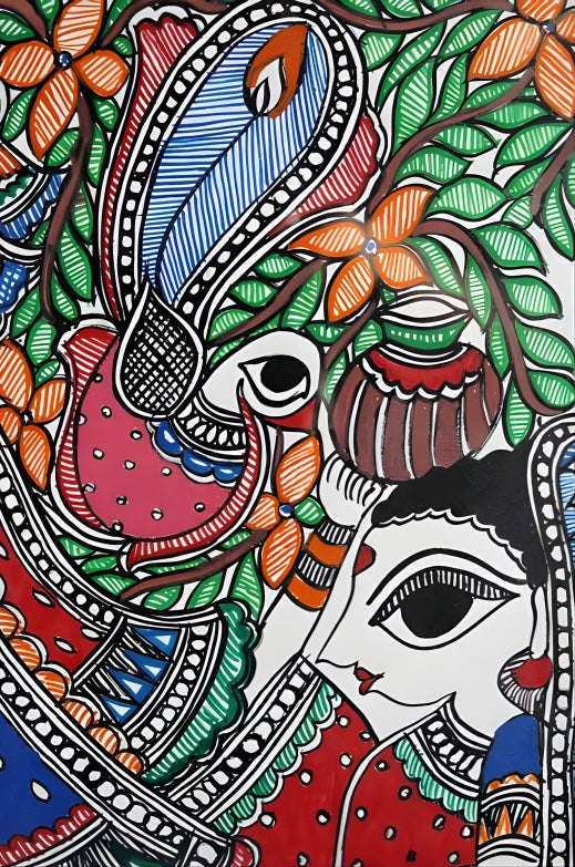 Divine Rasa: Krishna with Gopikas - Madhubani Painting