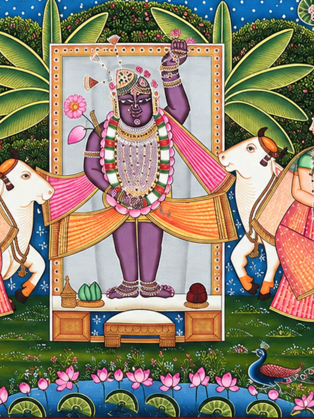 Handpainted – Pichwai – Shrinathji with Gopis and White Cows