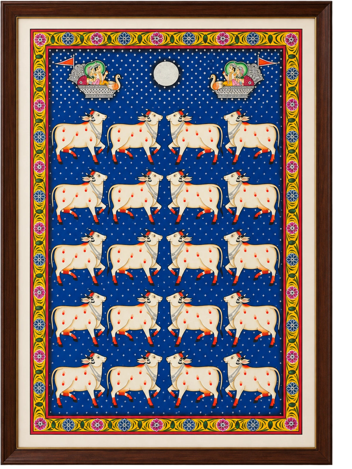 Handpainted – Pichwai – Cows on Indigo Beneath the Swan Boats