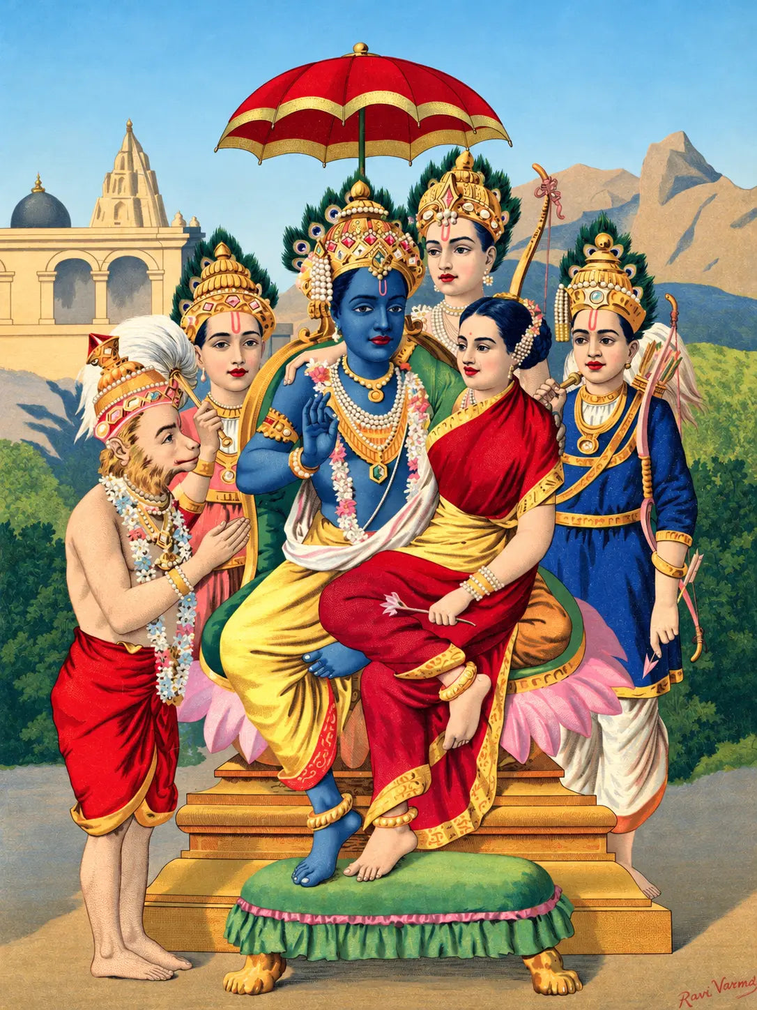 Rama and Sita enthroned beneath a red parasol, with three brothers and Hanuman beside them