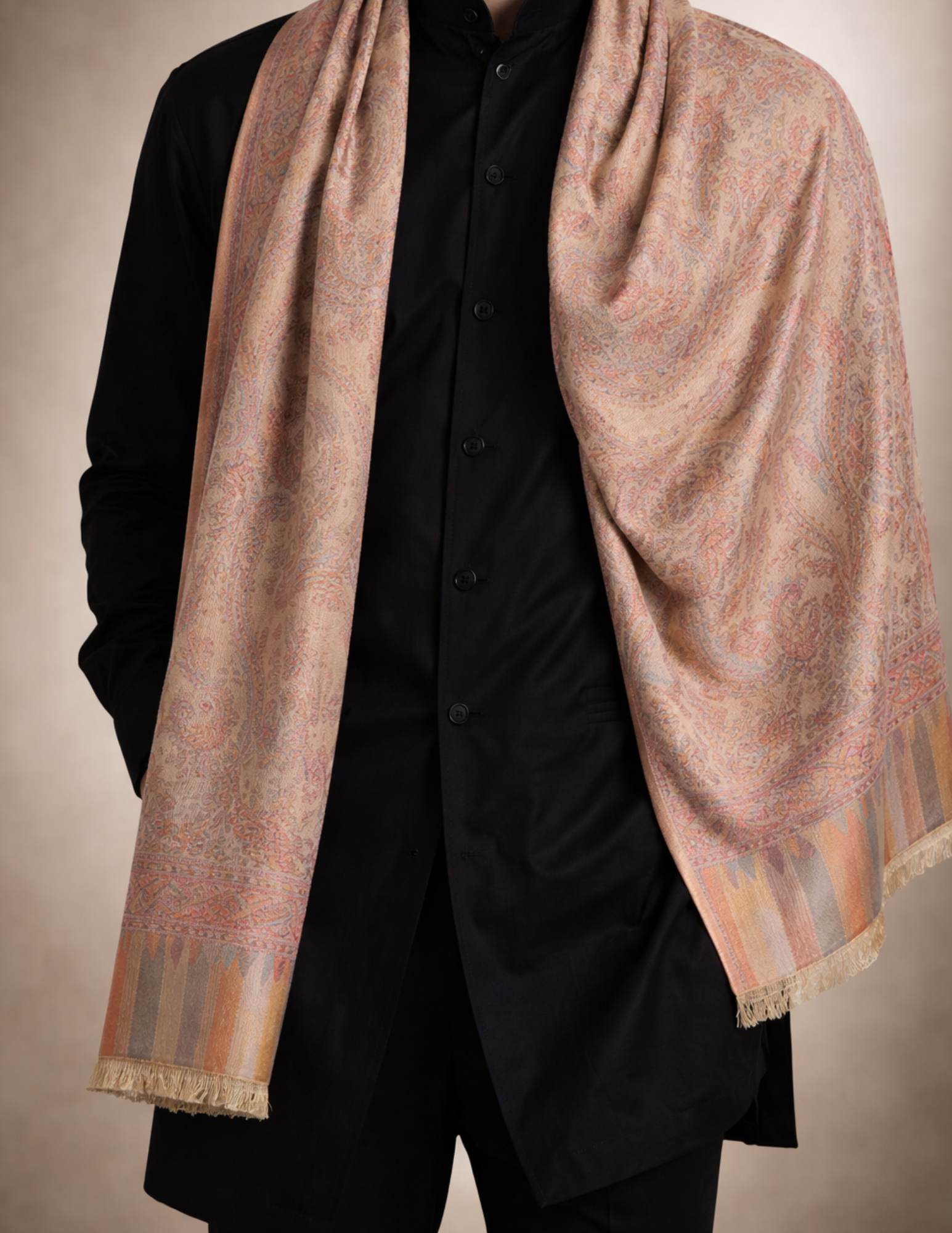 Naazneen Jamawar Kashmiri Stole – Ivory Paisley Micro Modal