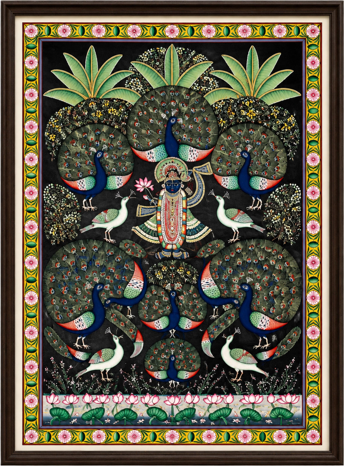 Handpainted – Pichwai – Shrinathji in the Peacock Garden