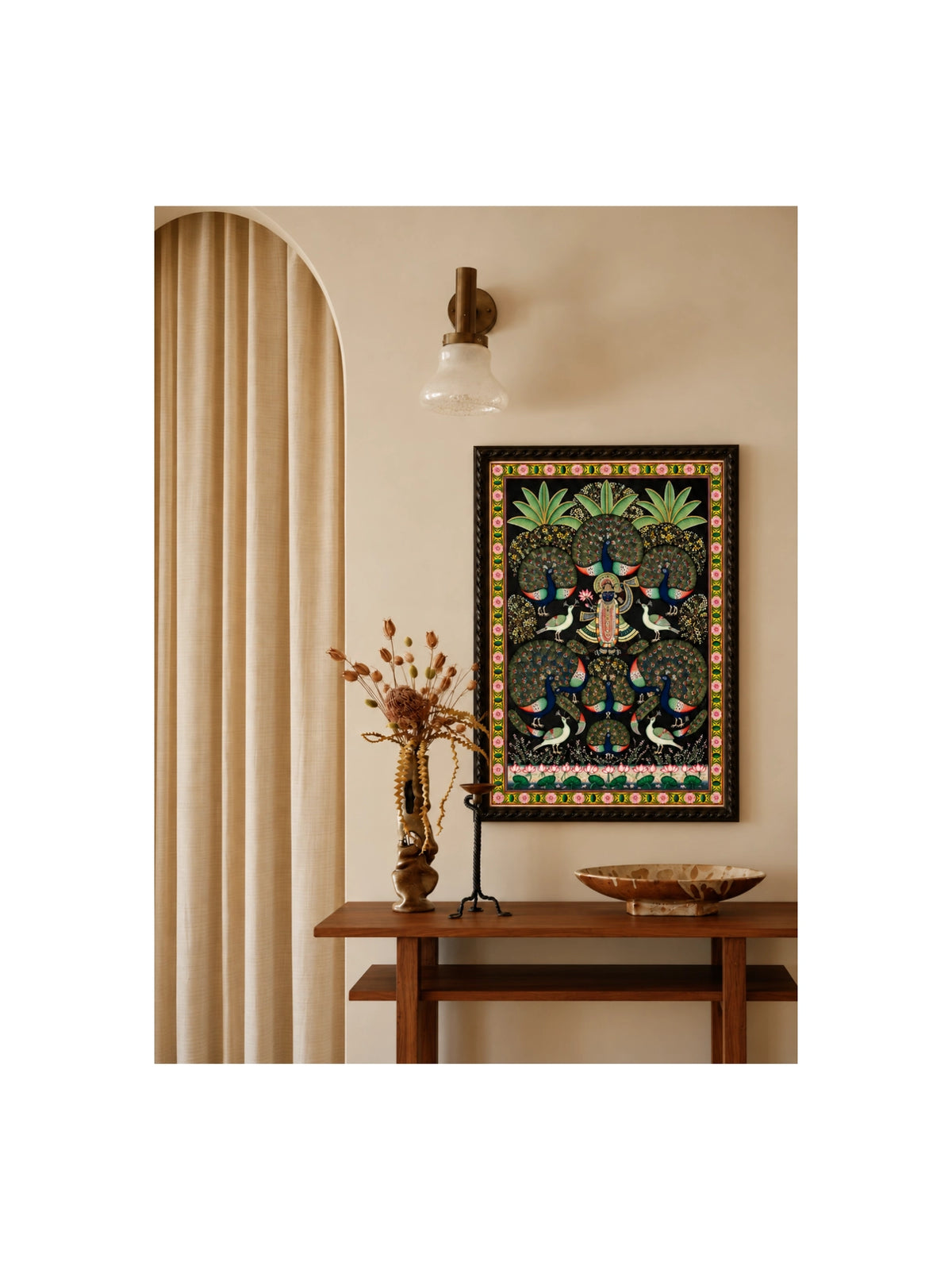 Handpainted – Pichwai – Shrinathji in the Peacock Garden