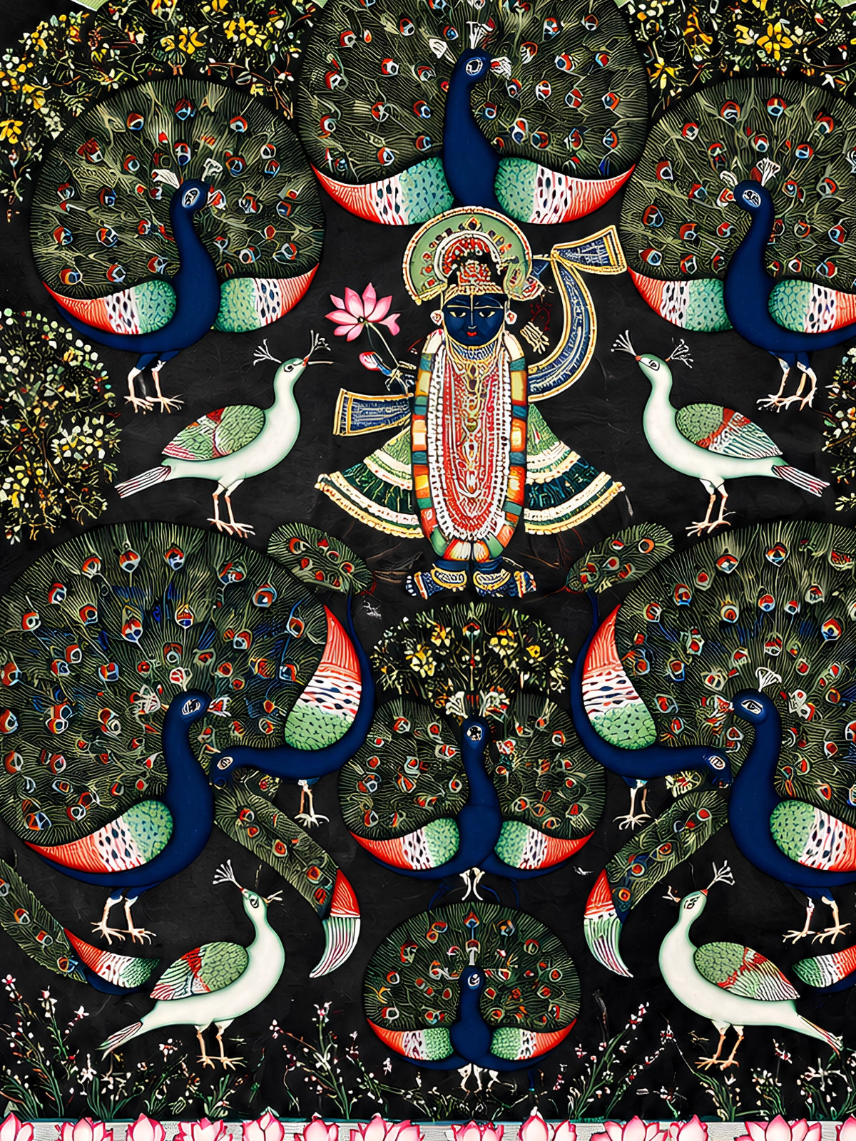 Handpainted – Pichwai – Shrinathji in the Peacock Garden