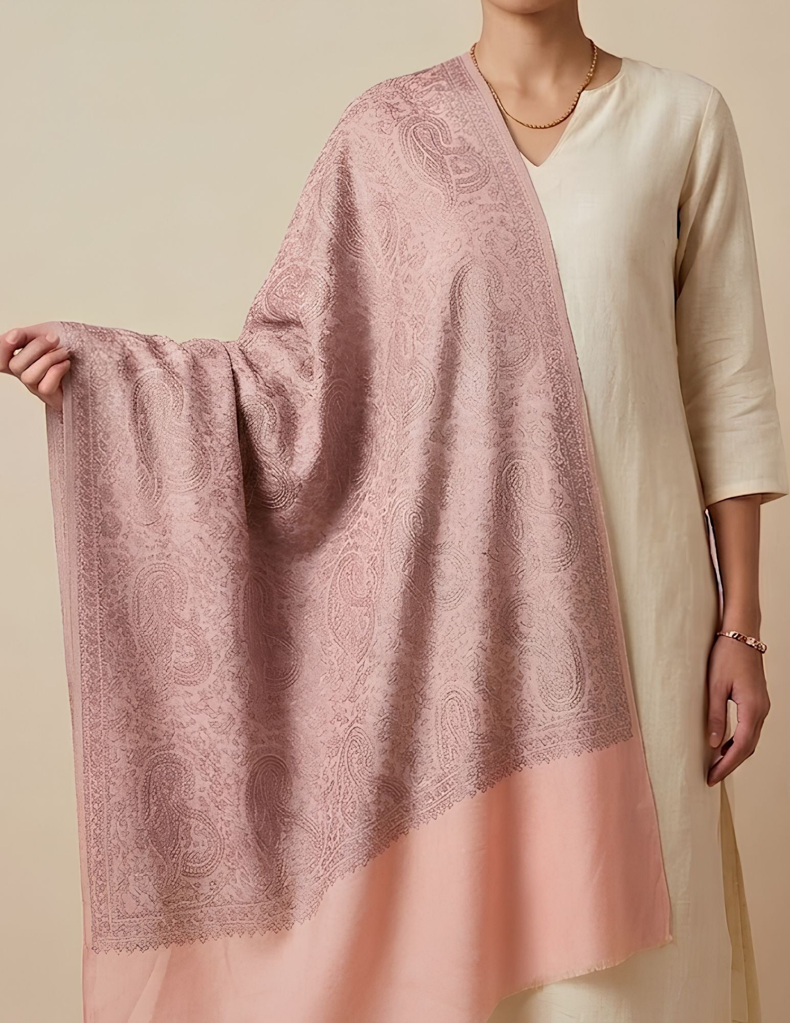 Gulrukh Sozni Embroidered Stole (Unisex) – Blush Paisley Wool Silk