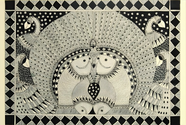 Harmony of Grace & Abundance: Peacock & Fish Mandala - Madhubani Painting