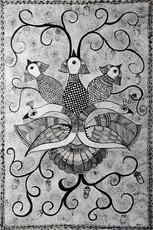 Song of the Peacock: Birds in Harmony - Madhubani Paintings