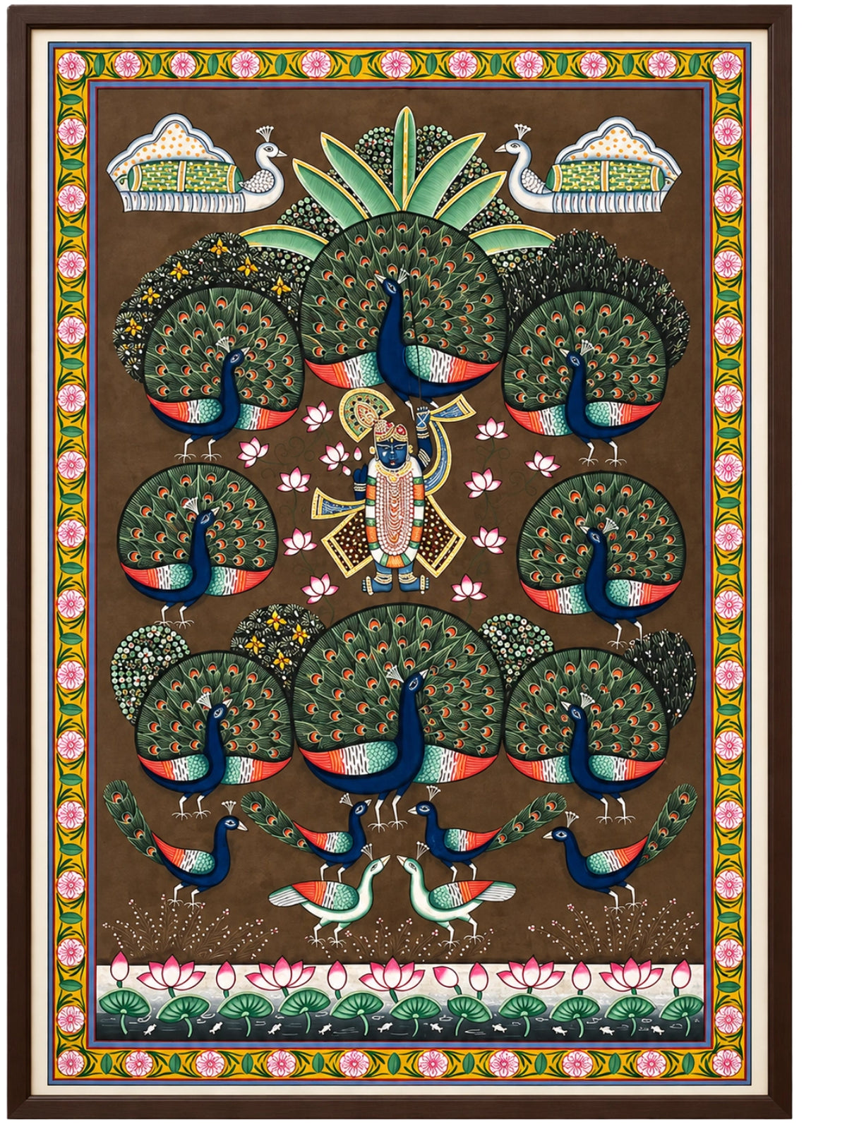 Handpainted – Pichwai – Shrinathji Among the Dancing Peacocks