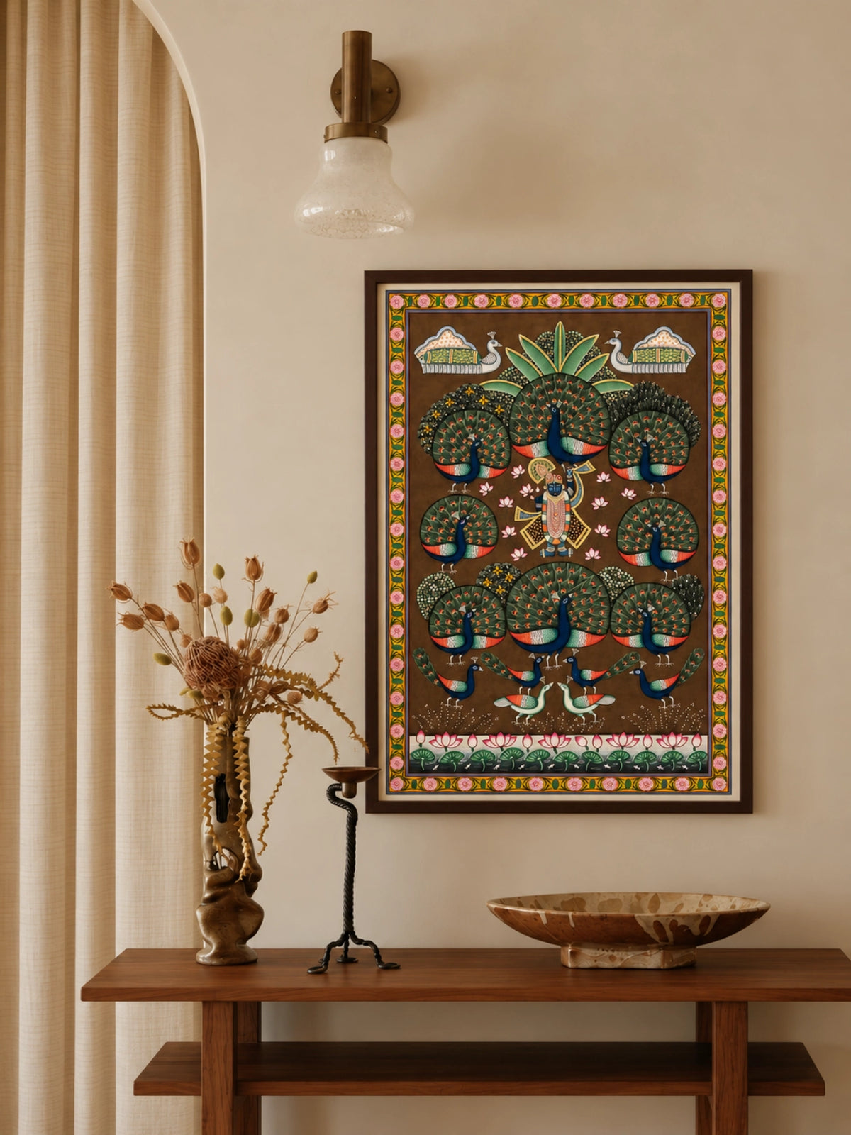 Handpainted – Pichwai – Shrinathji Among the Dancing Peacocks