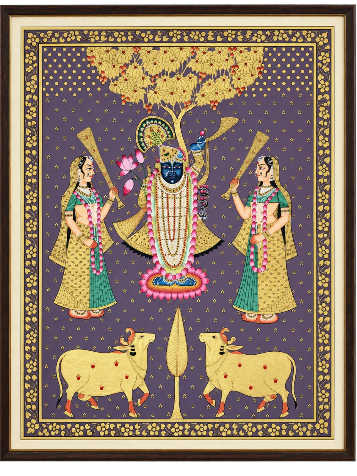 Handpainted – Pichwai – Shrinathji on Lilac Beneath the Golden Canopy