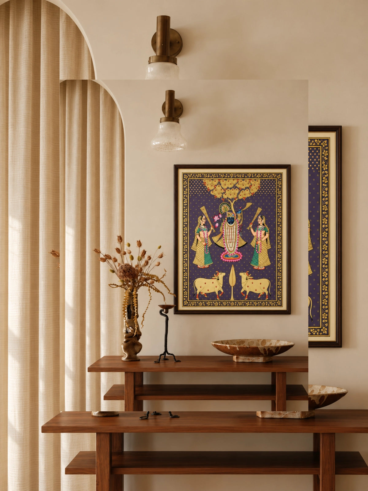 Handpainted – Pichwai – Shrinathji on Lilac Beneath the Golden Canopy