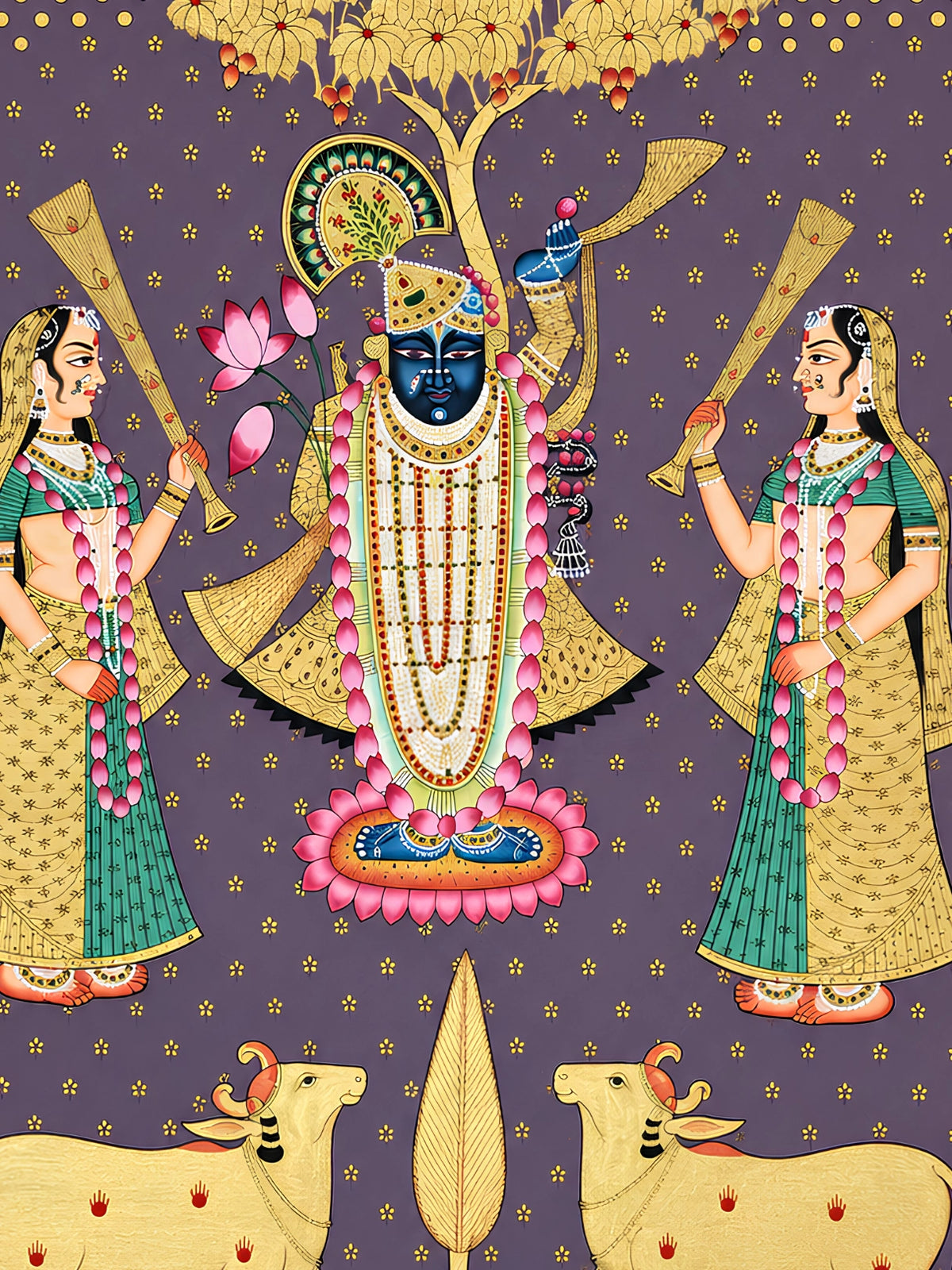 Handpainted – Pichwai – Shrinathji on Lilac Beneath the Golden Canopy
