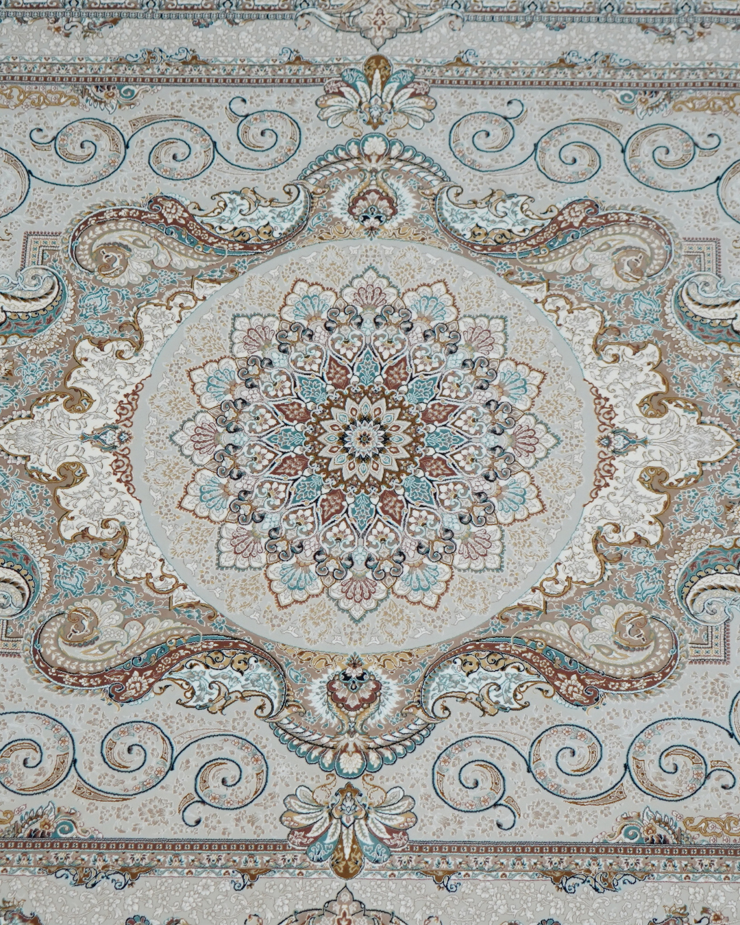 Naghma Silk & Wool Blend Carpet – Teal Gold Floral Medallion