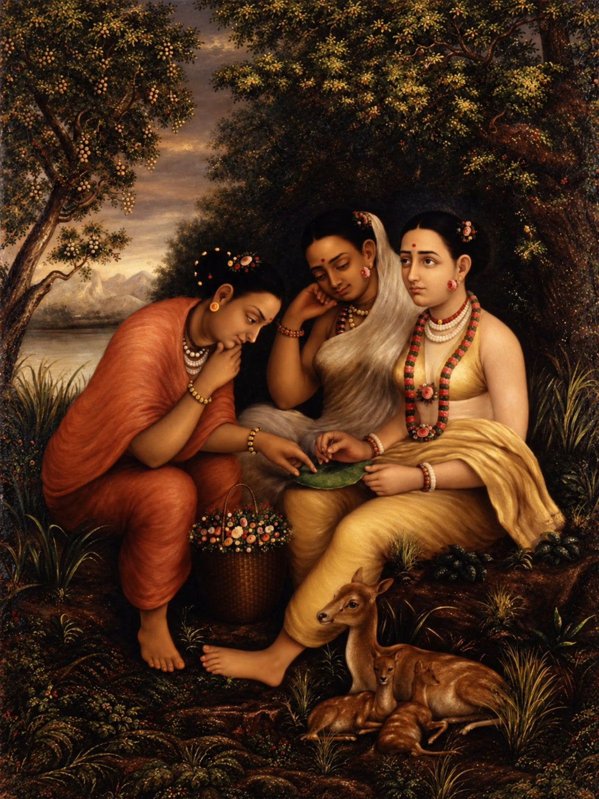 Scene of three women in saris seated in a forest, one tracing on a green leaf, with deer resting at their feet