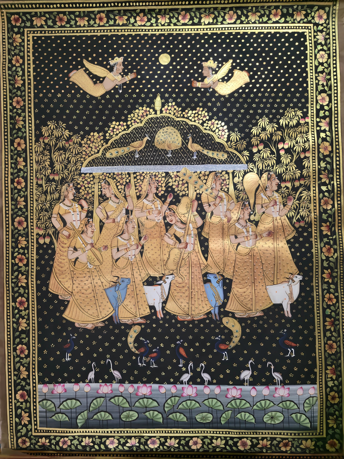 Handpainted – Pichwai – Gopis Beneath the Peacock Canopy