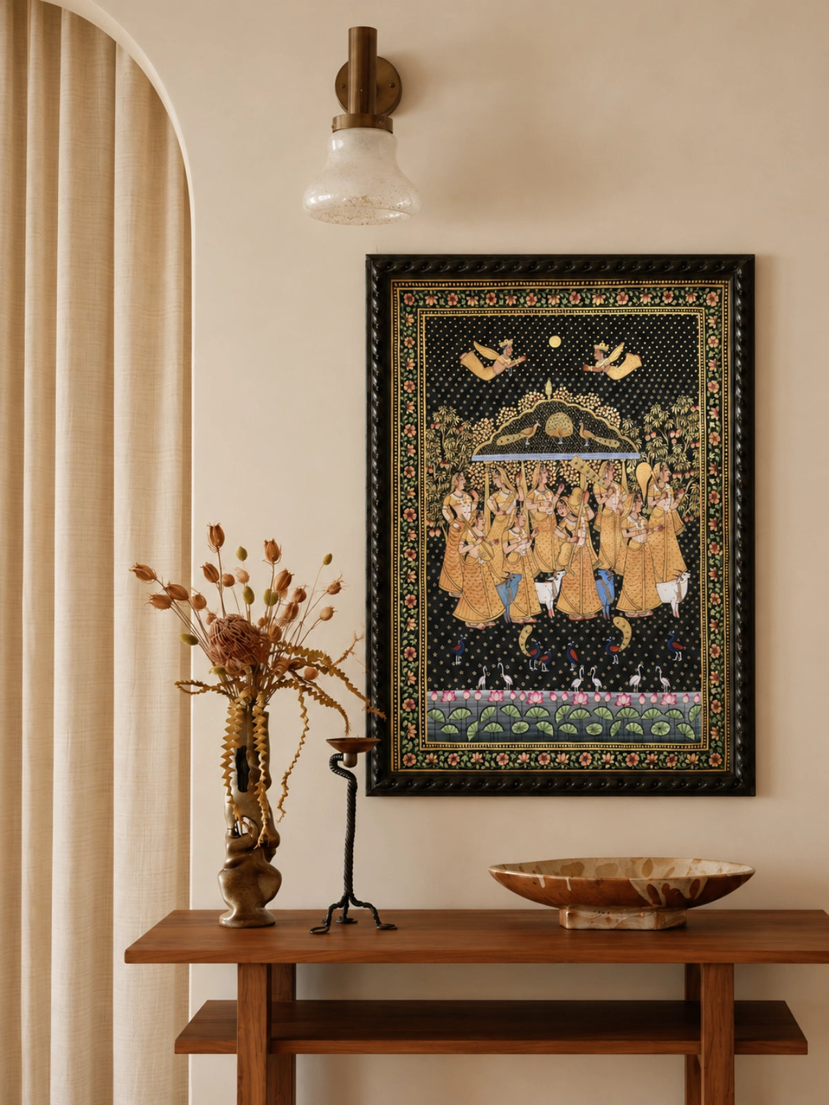 Handpainted – Pichwai – Gopis Beneath the Peacock Canopy