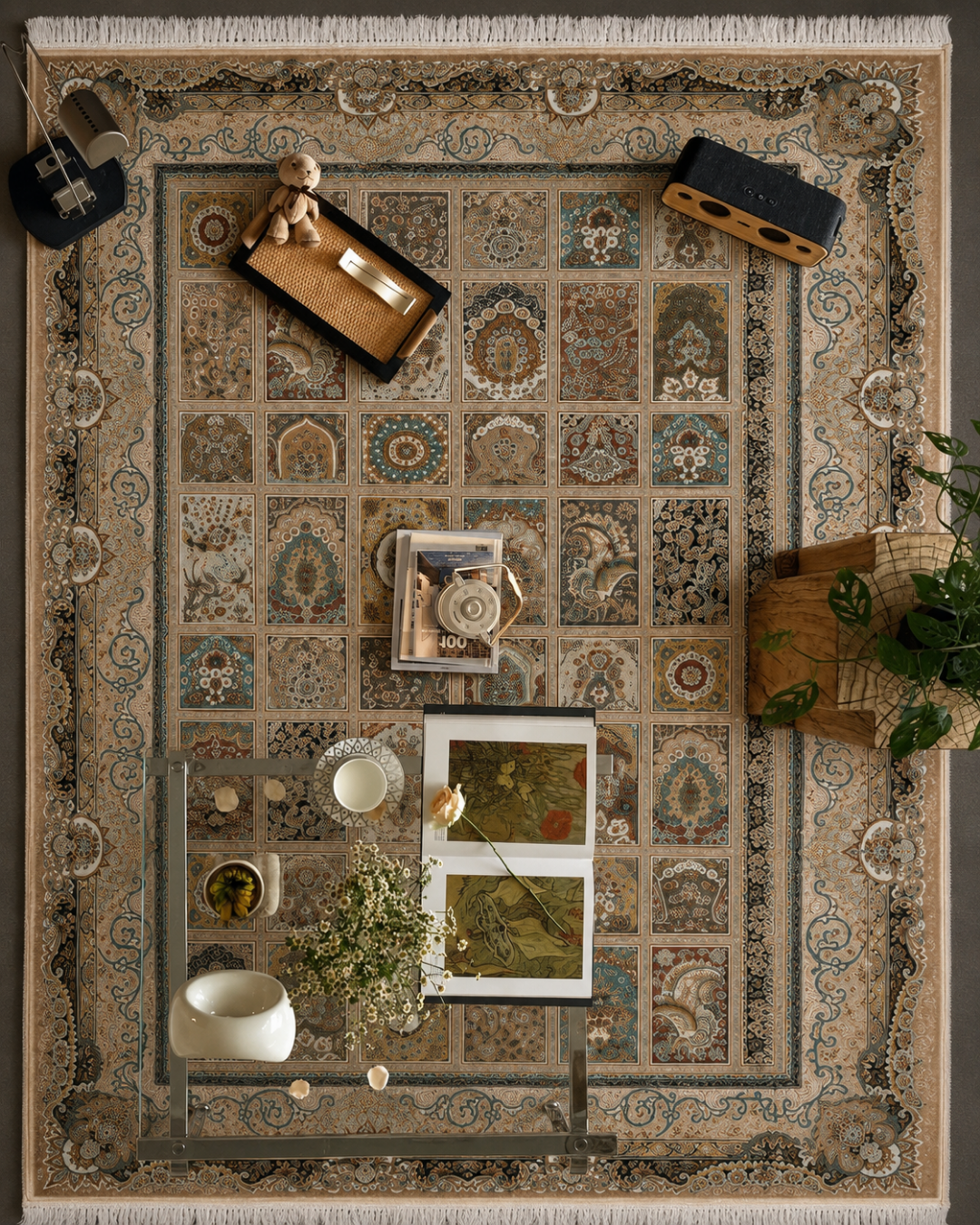 Mausam Silk & Wool Blend Carpet – Emerald Gold Trellis Floral