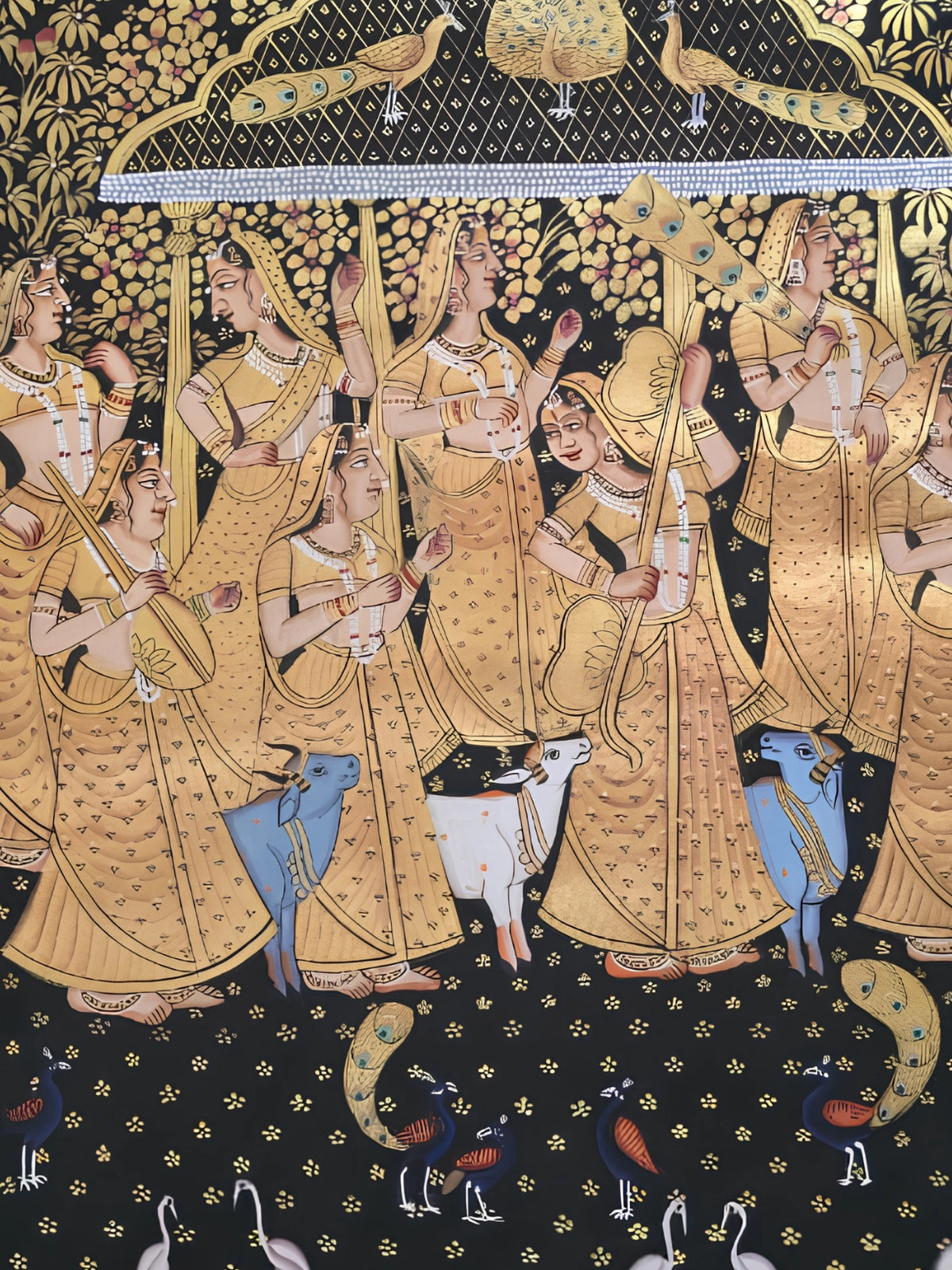 Handpainted – Pichwai – Gopis Beneath the Peacock Canopy