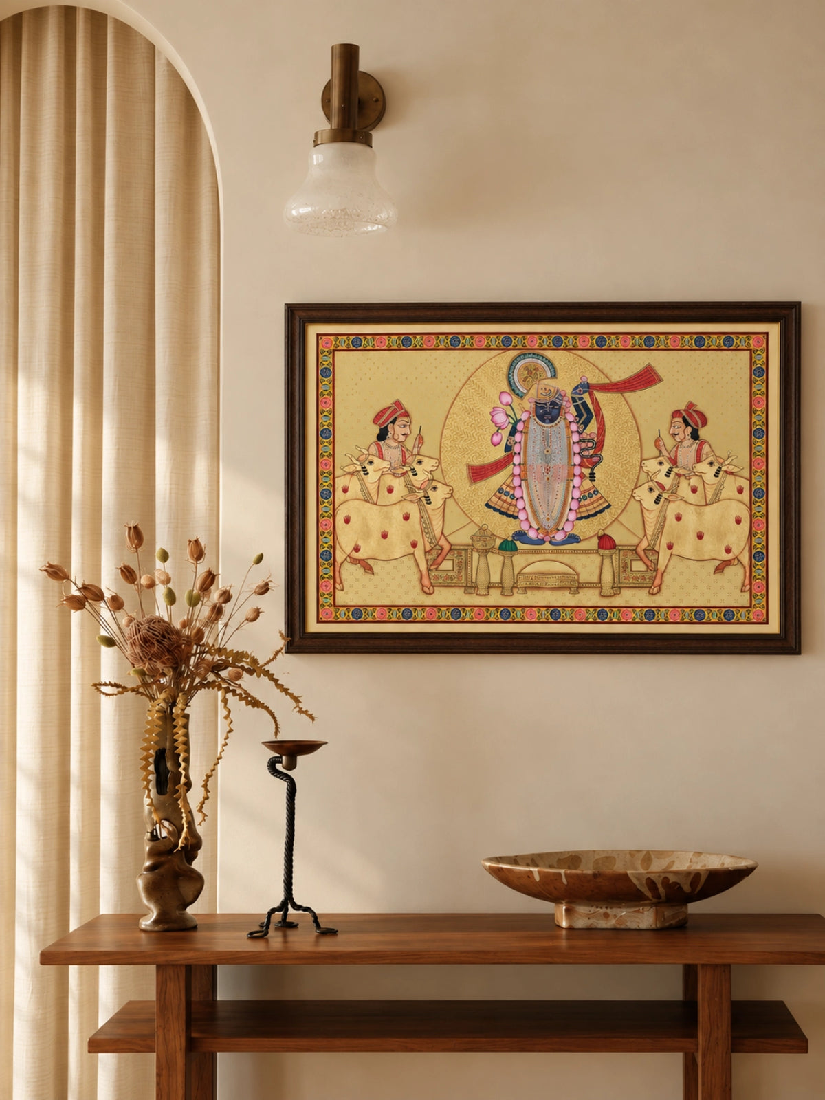 Handpainted – Pichwai – Shrinathji with the Cowherds in Gold