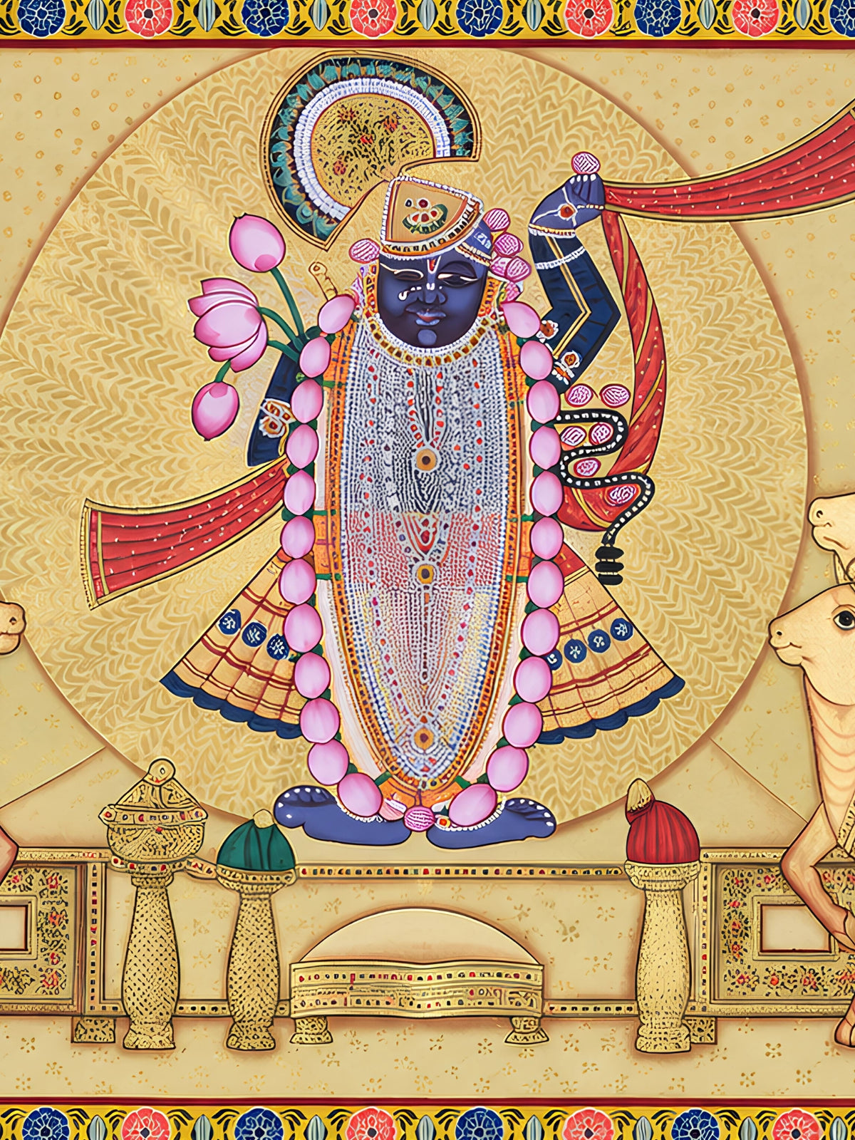 Handpainted – Pichwai – Shrinathji with the Cowherds in Gold