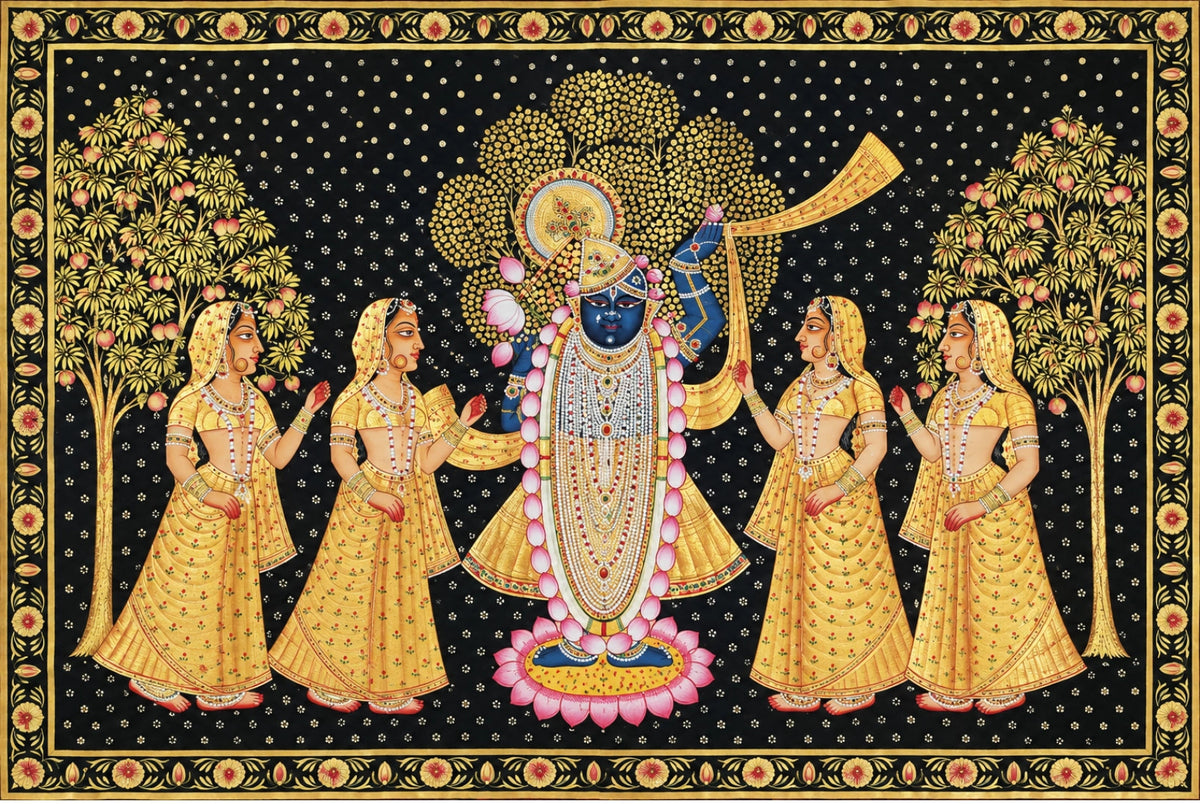 Handpainted – Pichwai – Shrinathji with Four Gopis in Black and Gold