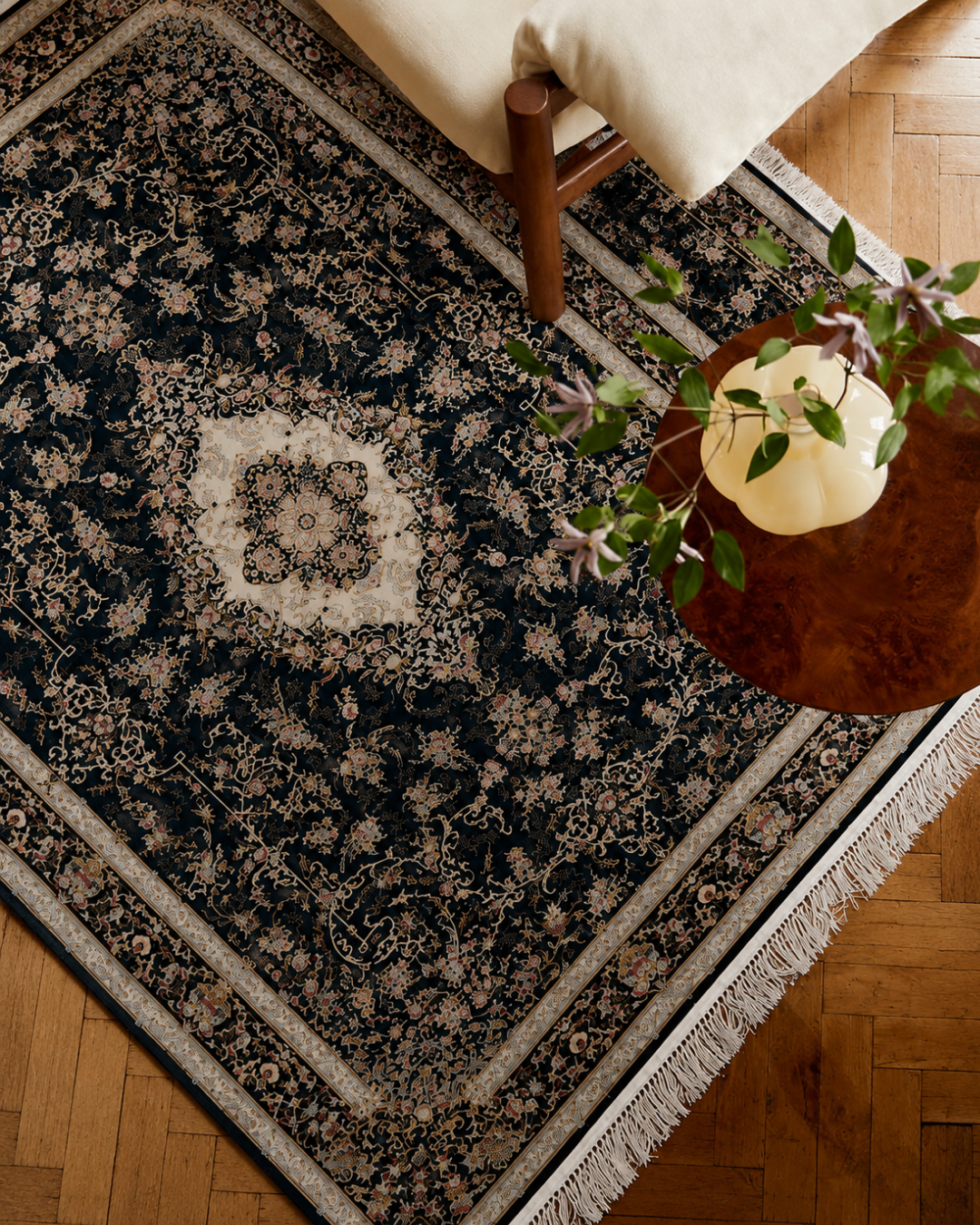 Samar Silk & Wool Blend Carpet – Burgundy Teal Medallion Scatter