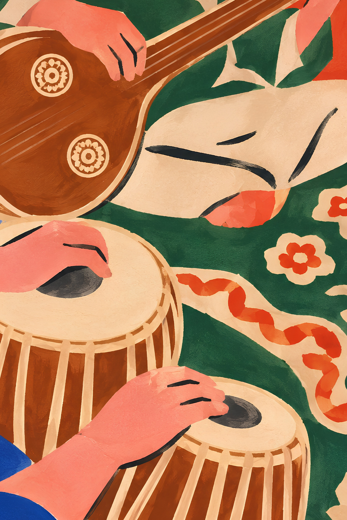 Close-up of the stringed instrument body, drum heads and red floral border in the painting