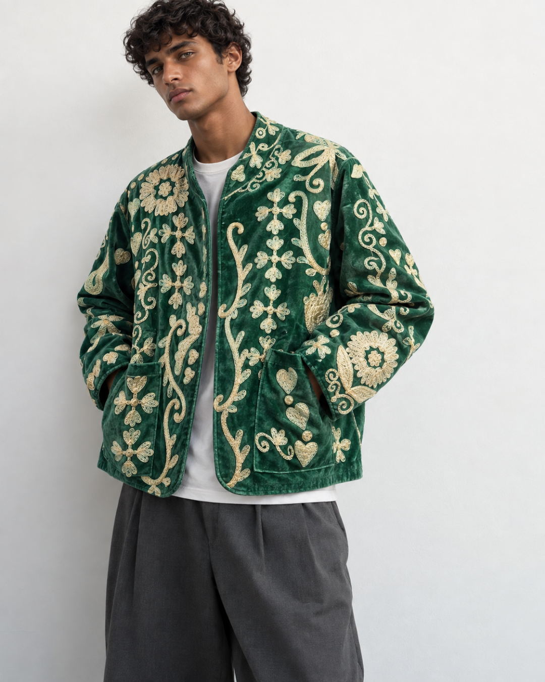 Dilruba Jacket (Unisex) – Emerald Green Ivory Embroidered Jacket