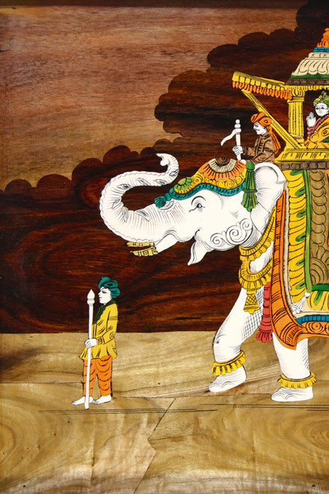 Close-up detail of Mysore rosewood inlay showing the decorated elephant, Ambari howdah, and intricate inlay craftsmanship using contrasting natural woods and traditional materials.