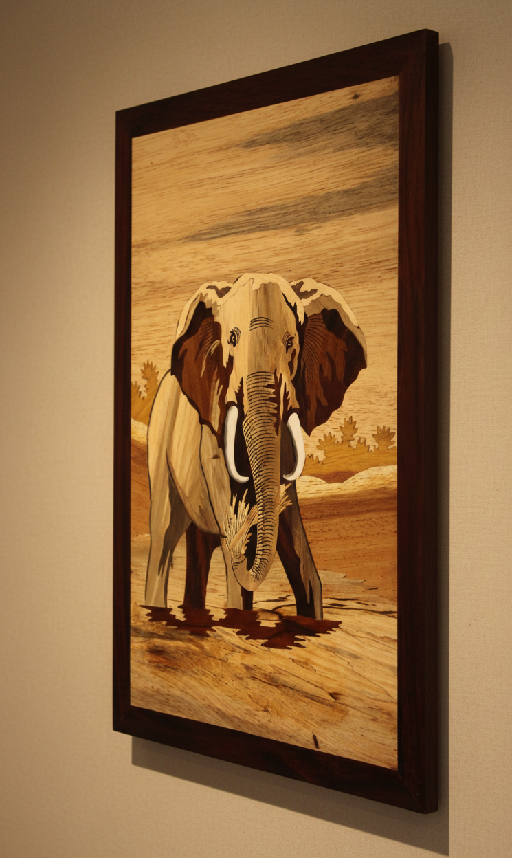 Side-angle view of a handcrafted Mysore rosewood inlay elephant wall panel, showing depth of wood carving, frame thickness, and layered inlay craftsmanship.