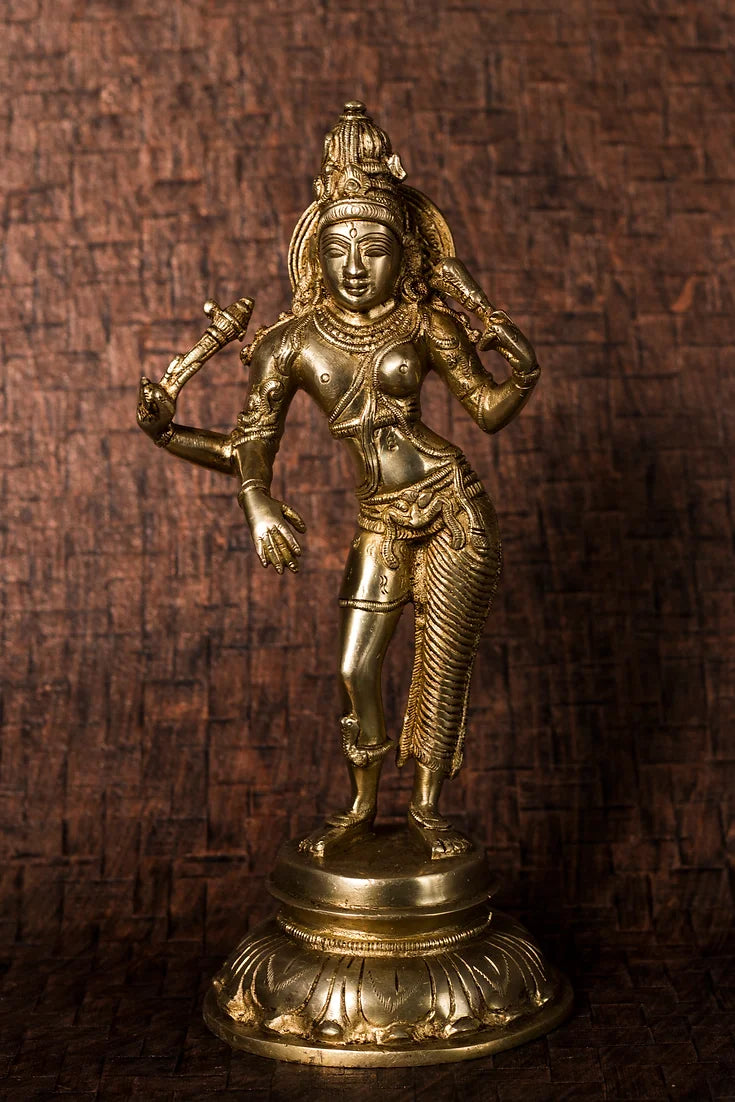 Hand‑cast brass Ardhanarīśvara statue combining Shiva and Parvati in balanced form