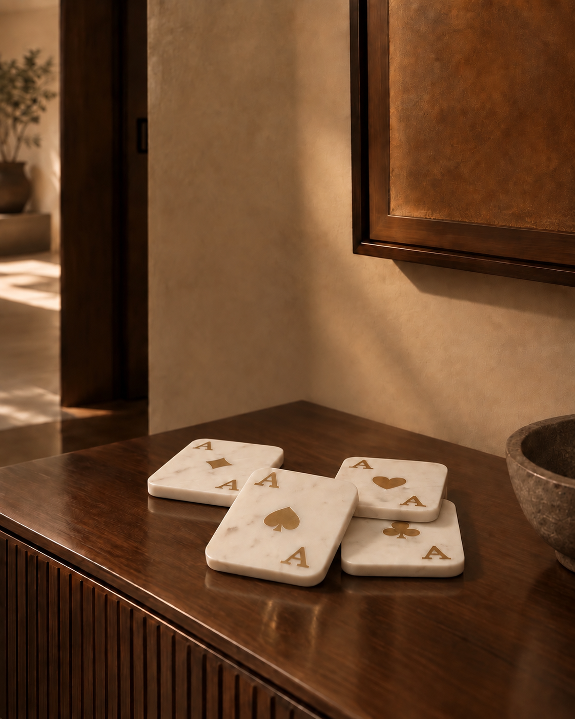 Set of four Banswara marble coasters with brass Ace inlays - spade, club, diamond and heart
