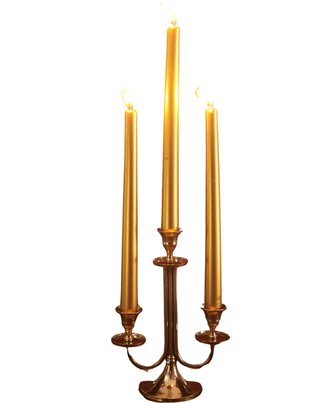 Lit brass triple candle stand tall elegant three arm design refined luxury decor piece
