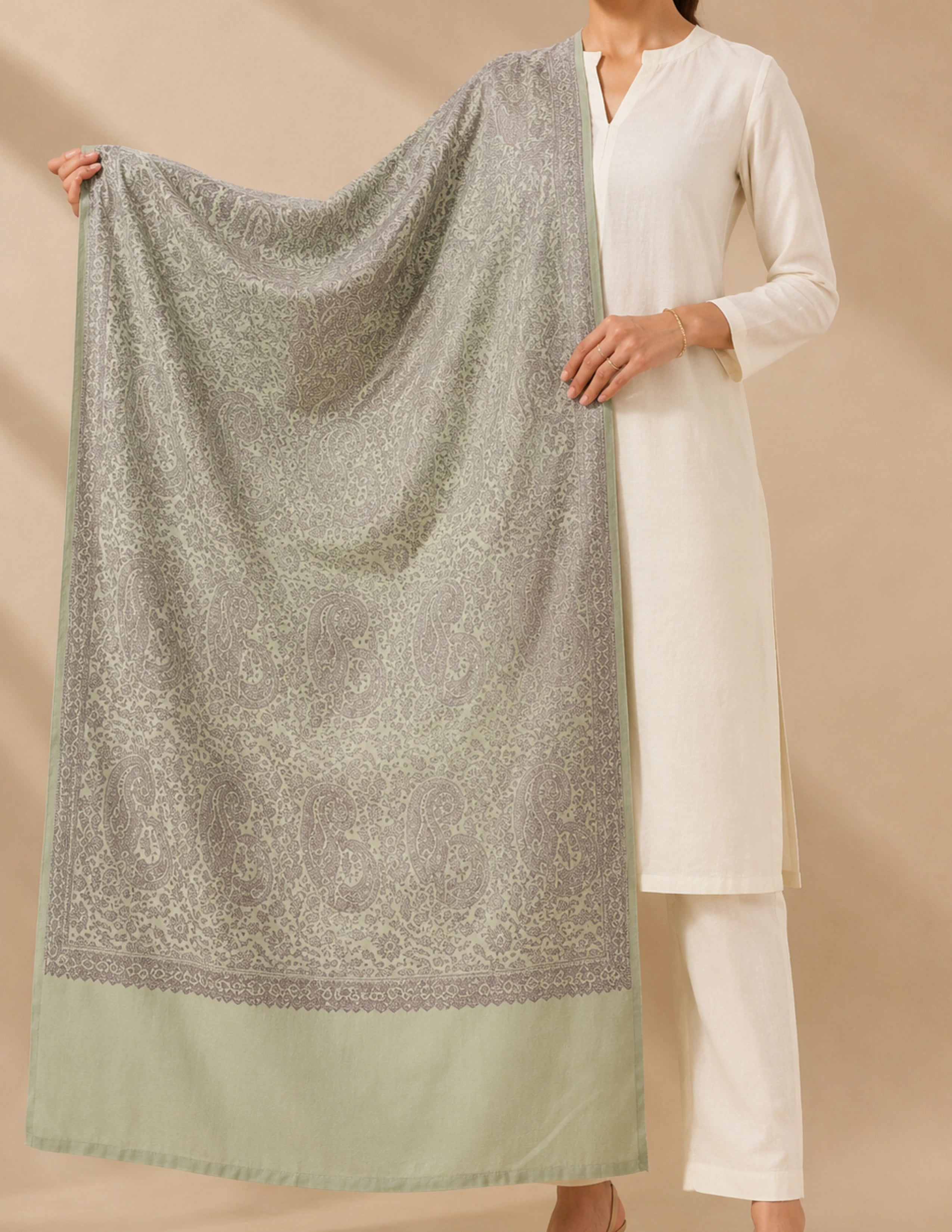Bageecha Sozni Embroidered Stole (Unisex) – Sage Paisley Wool Silk