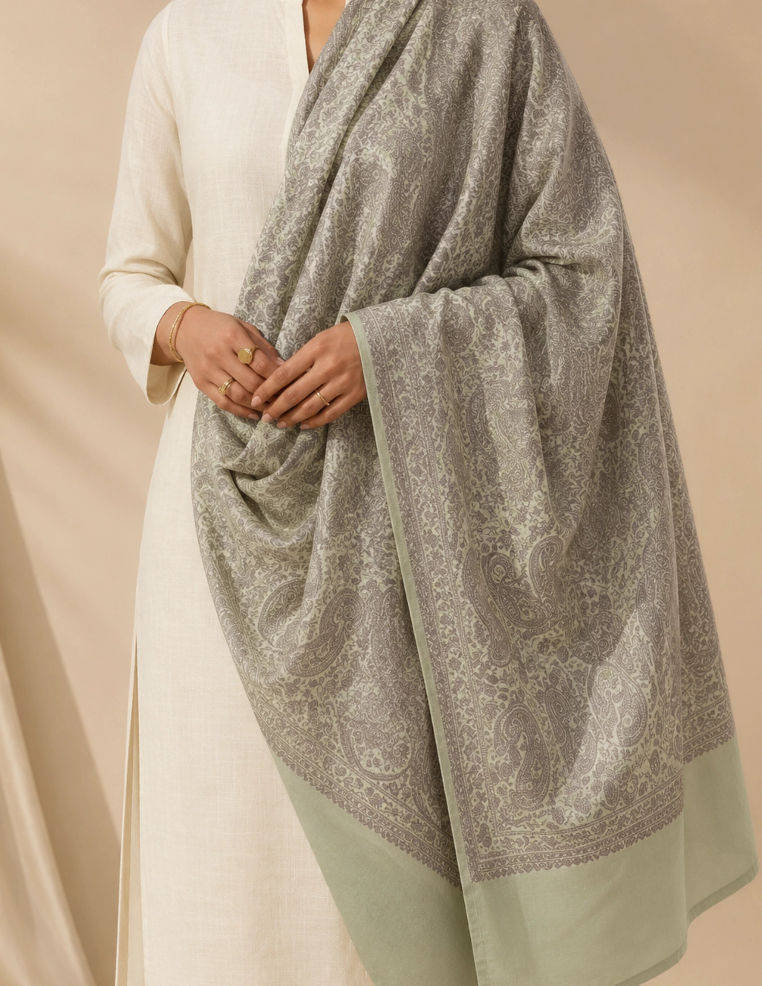 Bageecha Sozni Embroidered Stole (Unisex) – Sage Paisley Wool Silk