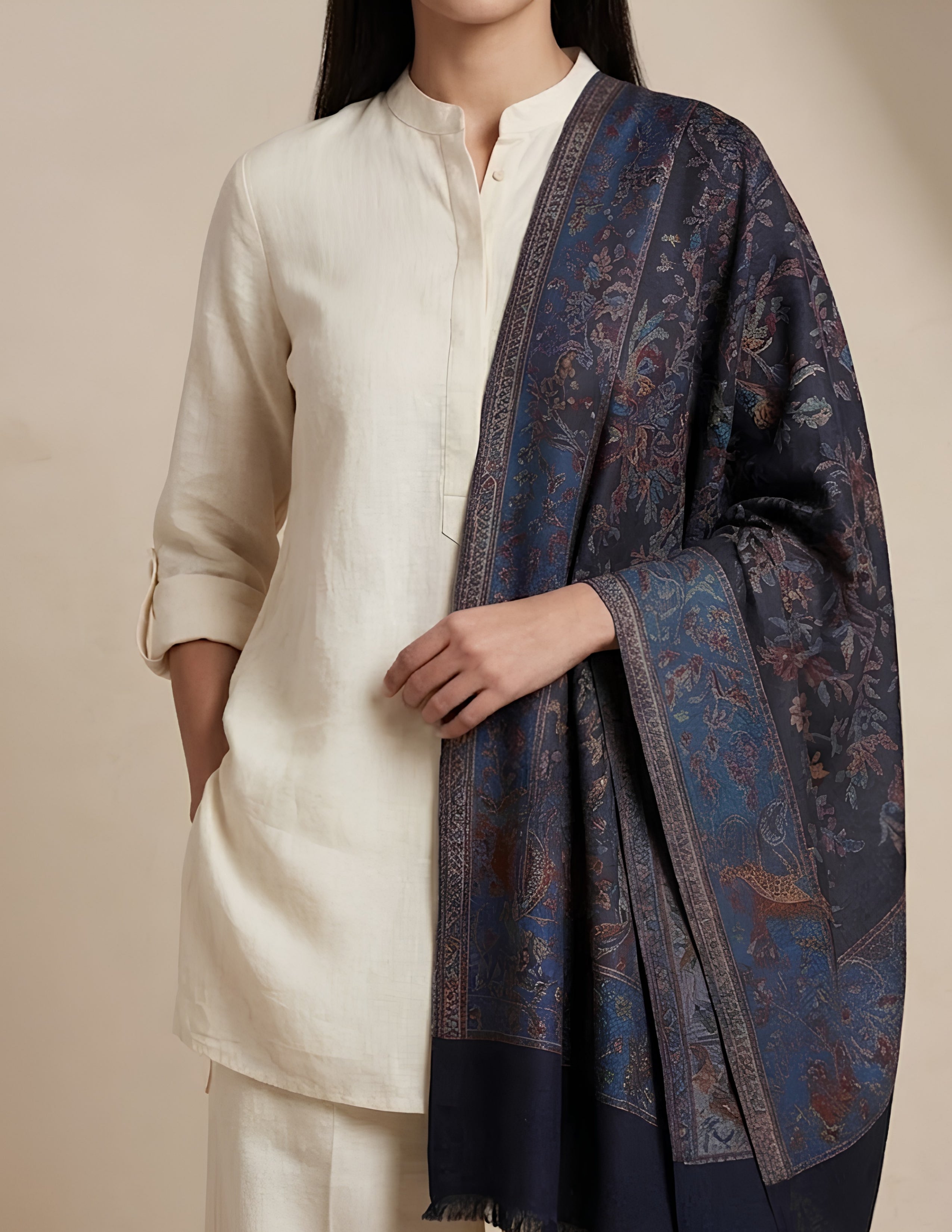Baghbaan Jamawar Kashmiri Stole (Unisex) – Navy Botanical Micro Modal